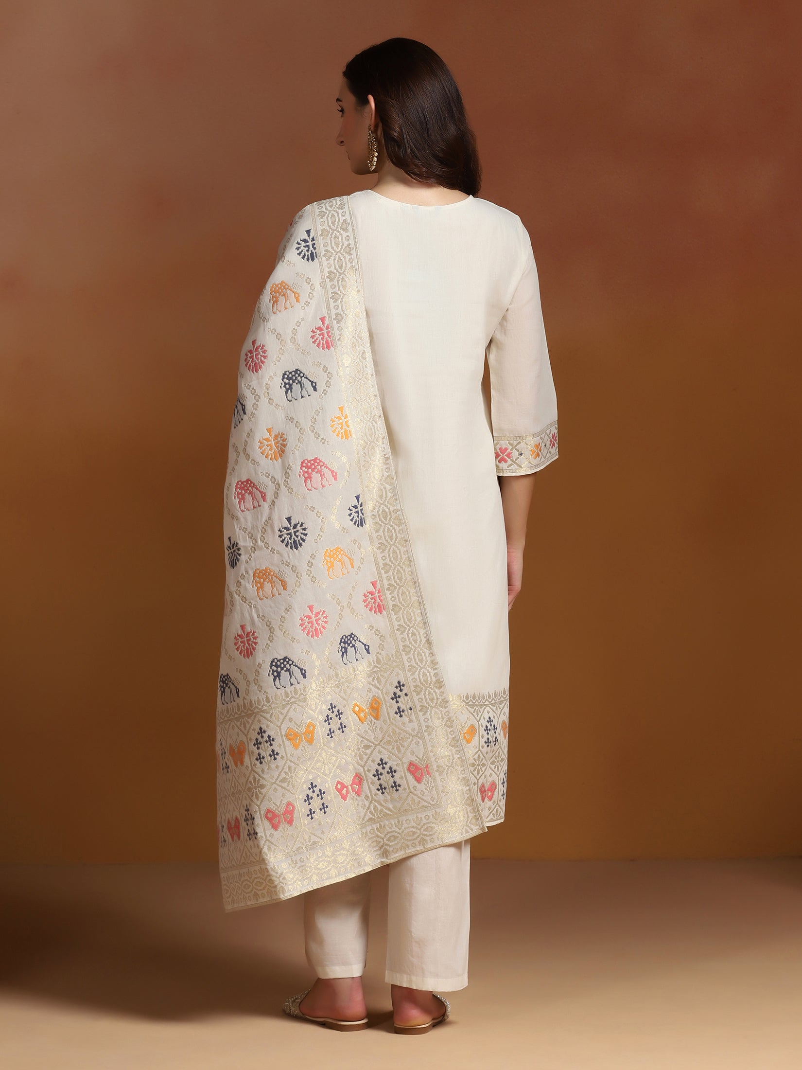 Women Off White Cotton Jacquard Kurta Comfort Pant With Dupatta