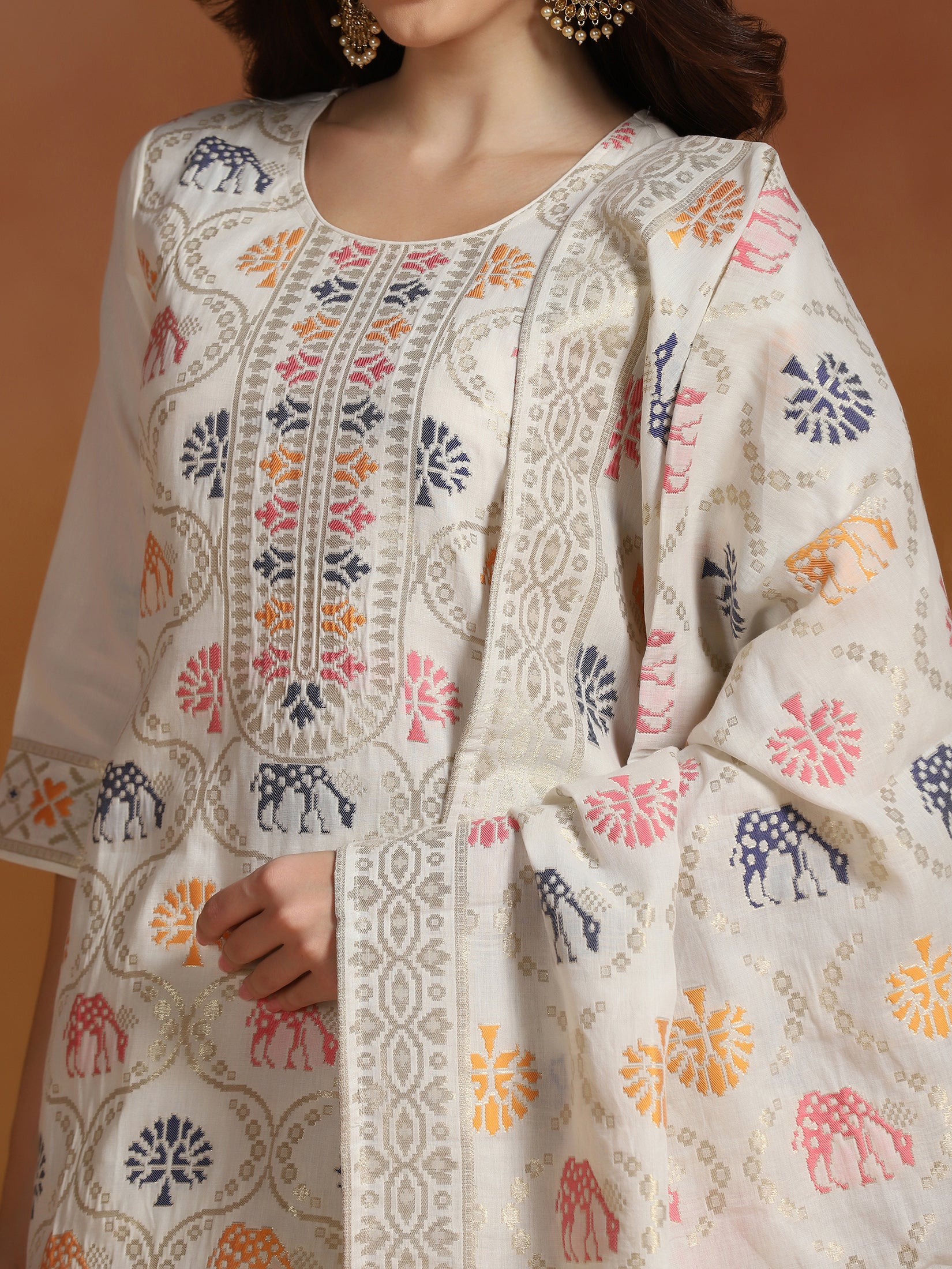 Women Off White Cotton Jacquard Kurta Comfort Pant With Dupatta