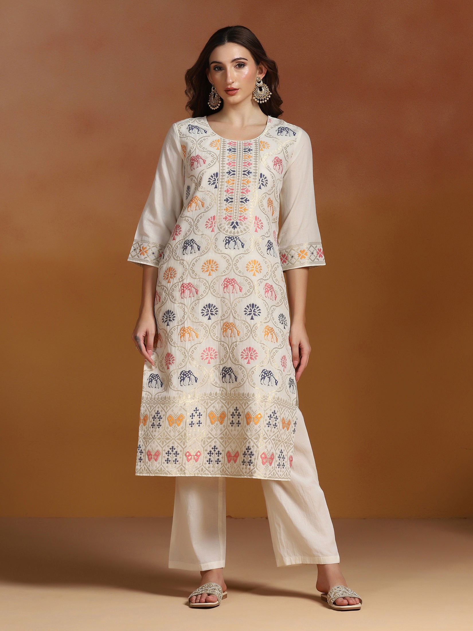 Women Off White Cotton Jacquard Kurta Comfort Pant With Dupatta