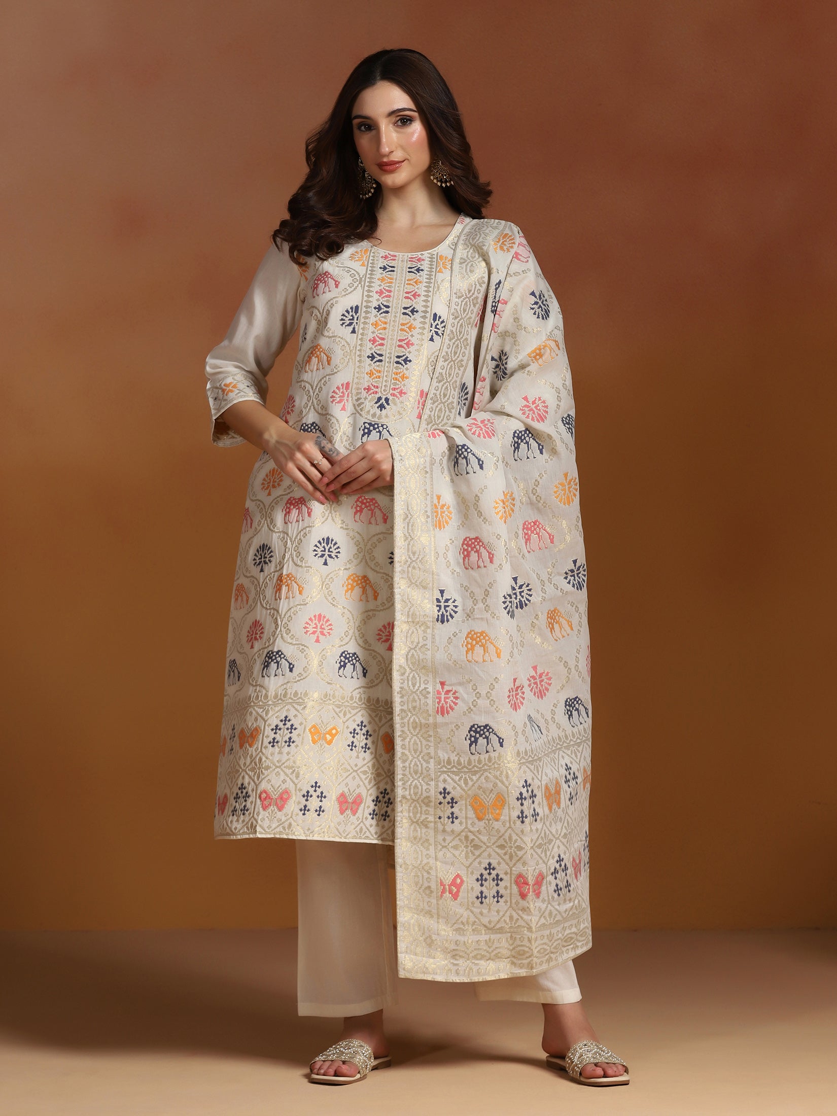 Women Off White Cotton Jacquard Kurta Comfort Pant With Dupatta