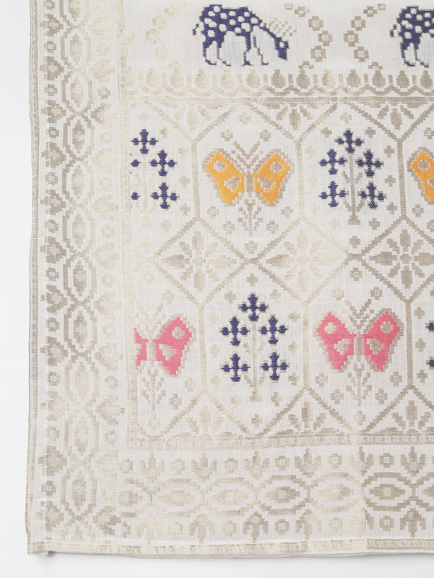 Women Off White Cotton Jacquard Kurta Comfort Pant With Dupatta
