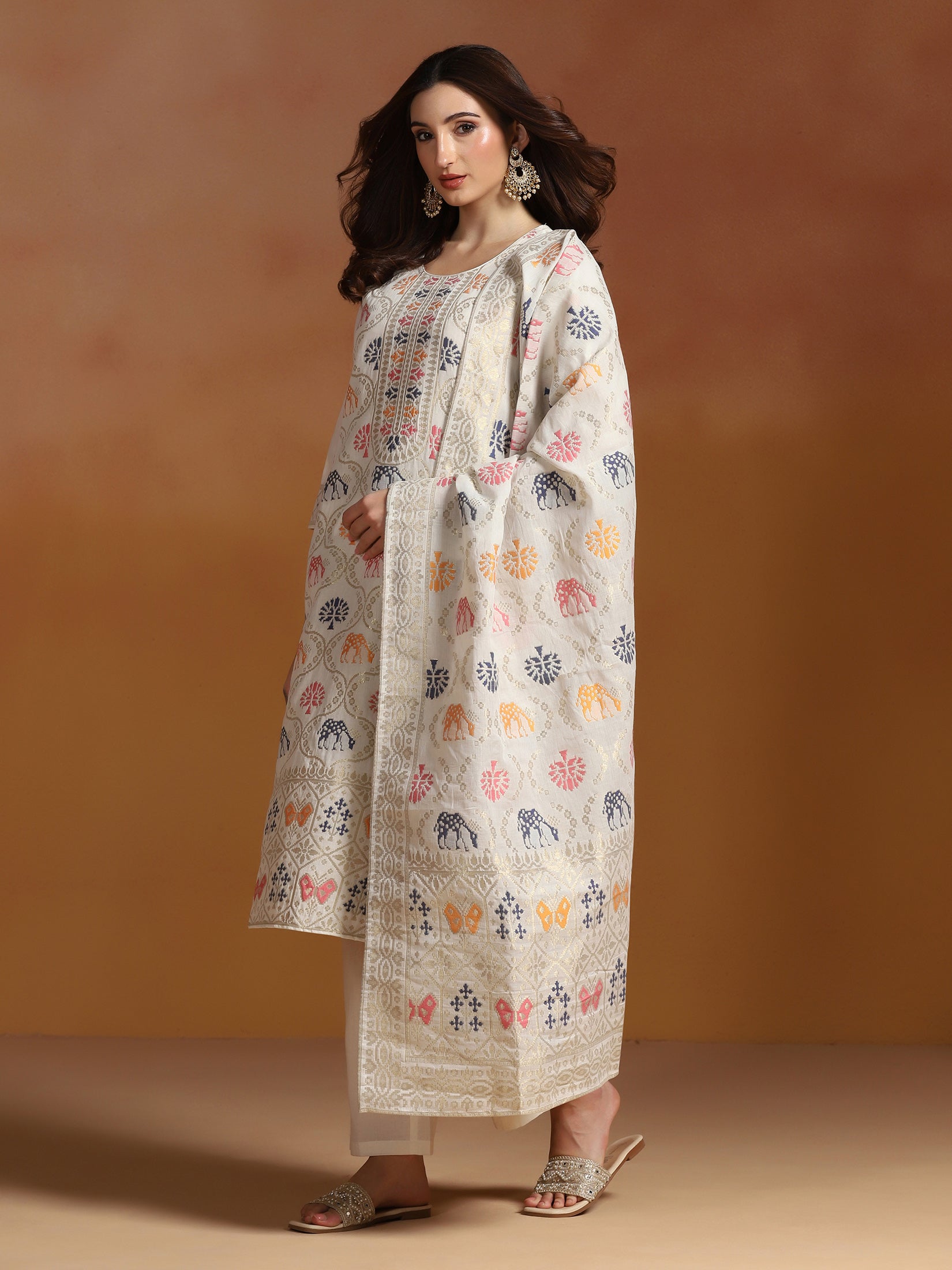 Women Off White Cotton Jacquard Kurta Comfort Pant With Dupatta