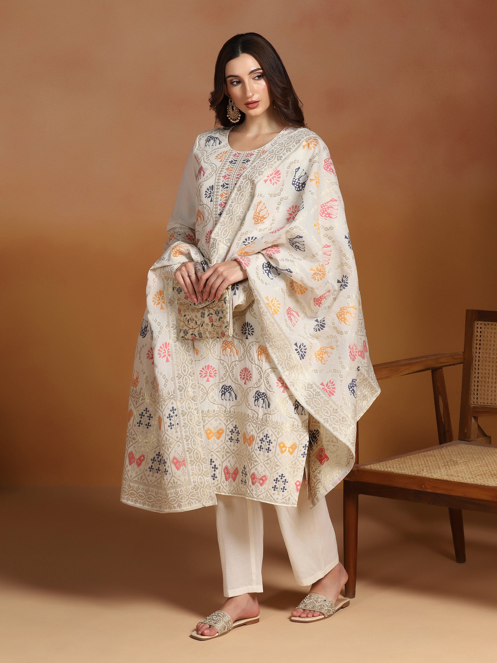 Women Off White Cotton Jacquard Kurta Comfort Pant With Dupatta