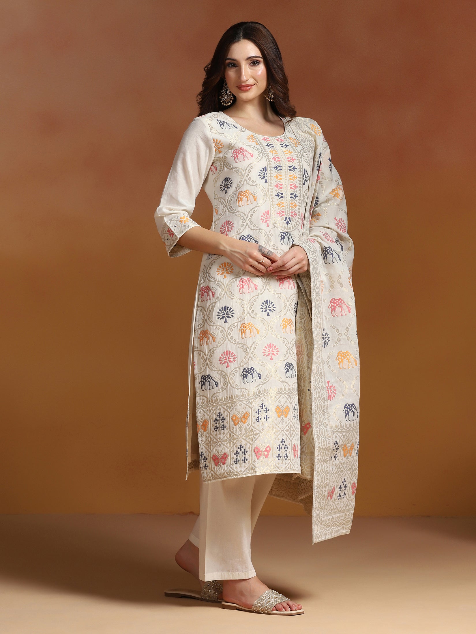 Women Off White Cotton Jacquard Kurta Comfort Pant With Dupatta