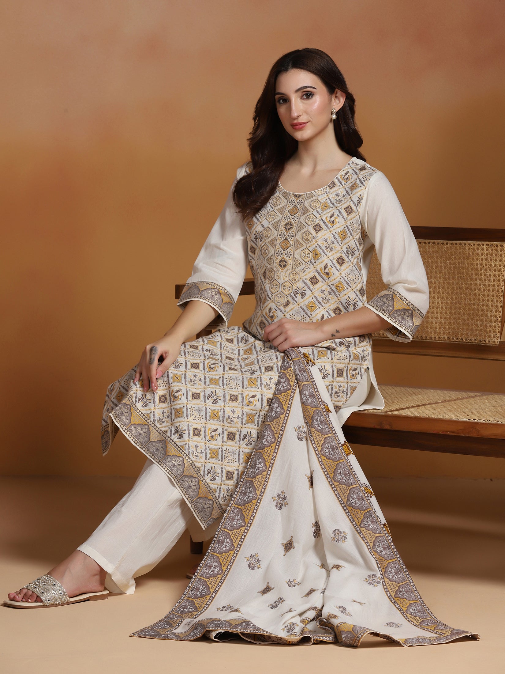 Women Off White  Cotton Jacquard Kurta Comfort Pant Dupatta