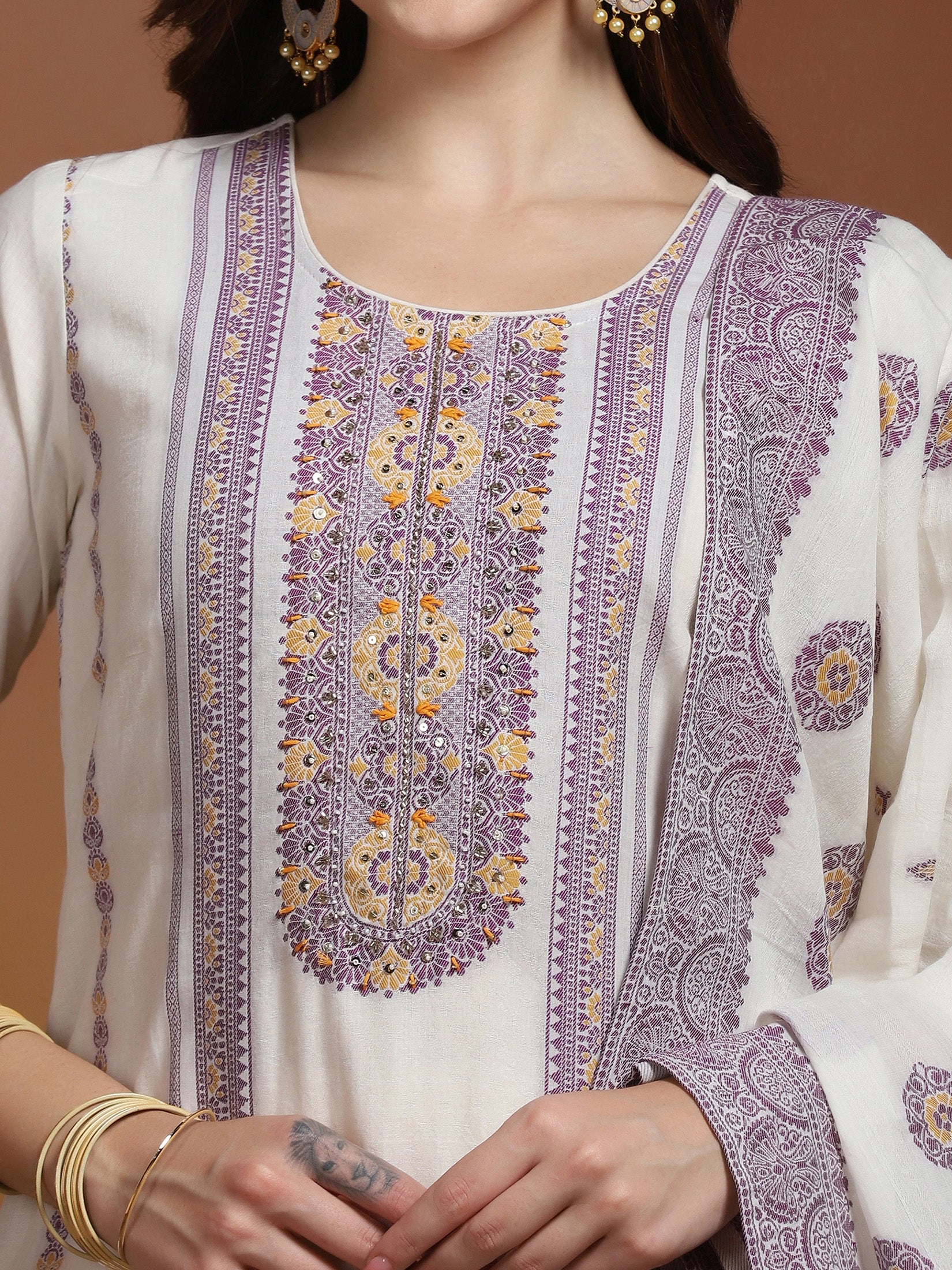 Off White  Cotton Jacquard Kurta Comfort Pant Dupatta