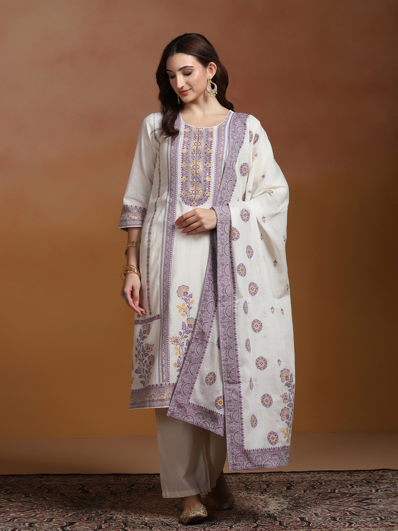 Off White  Cotton Jacquard Kurta Comfort Pant Dupatta