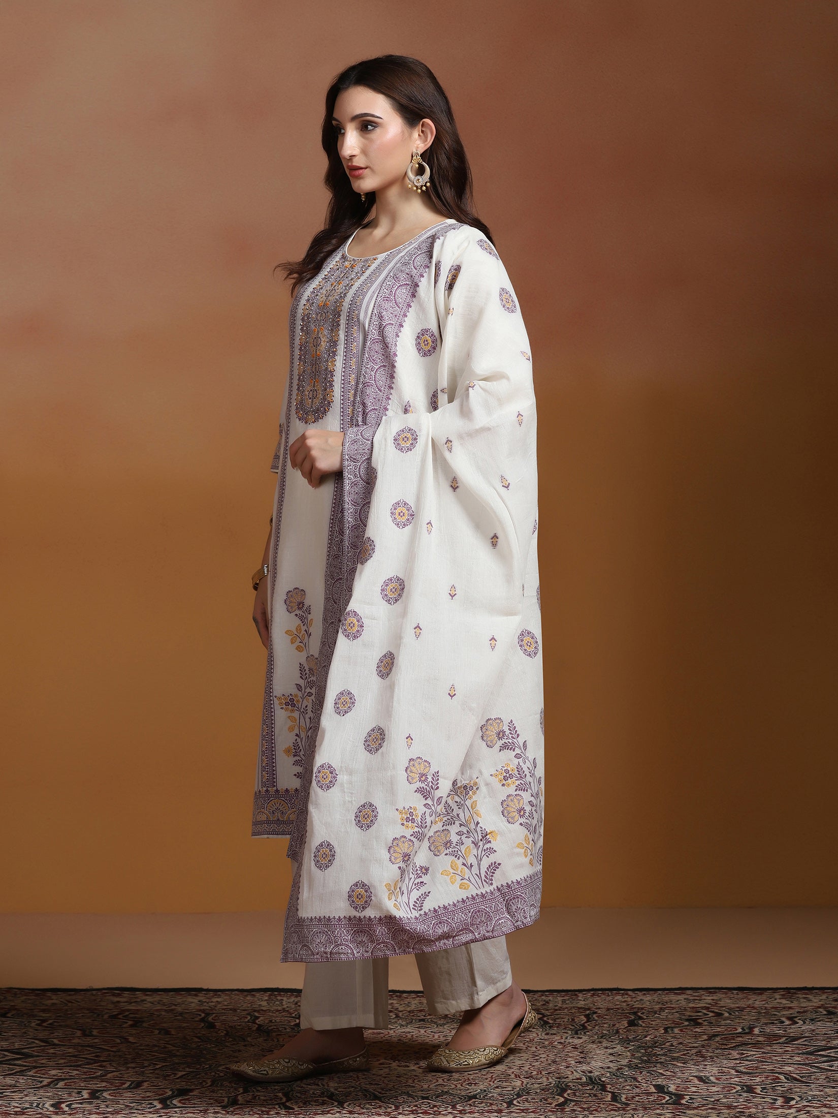 Off White  Cotton Jacquard Kurta Comfort Pant Dupatta