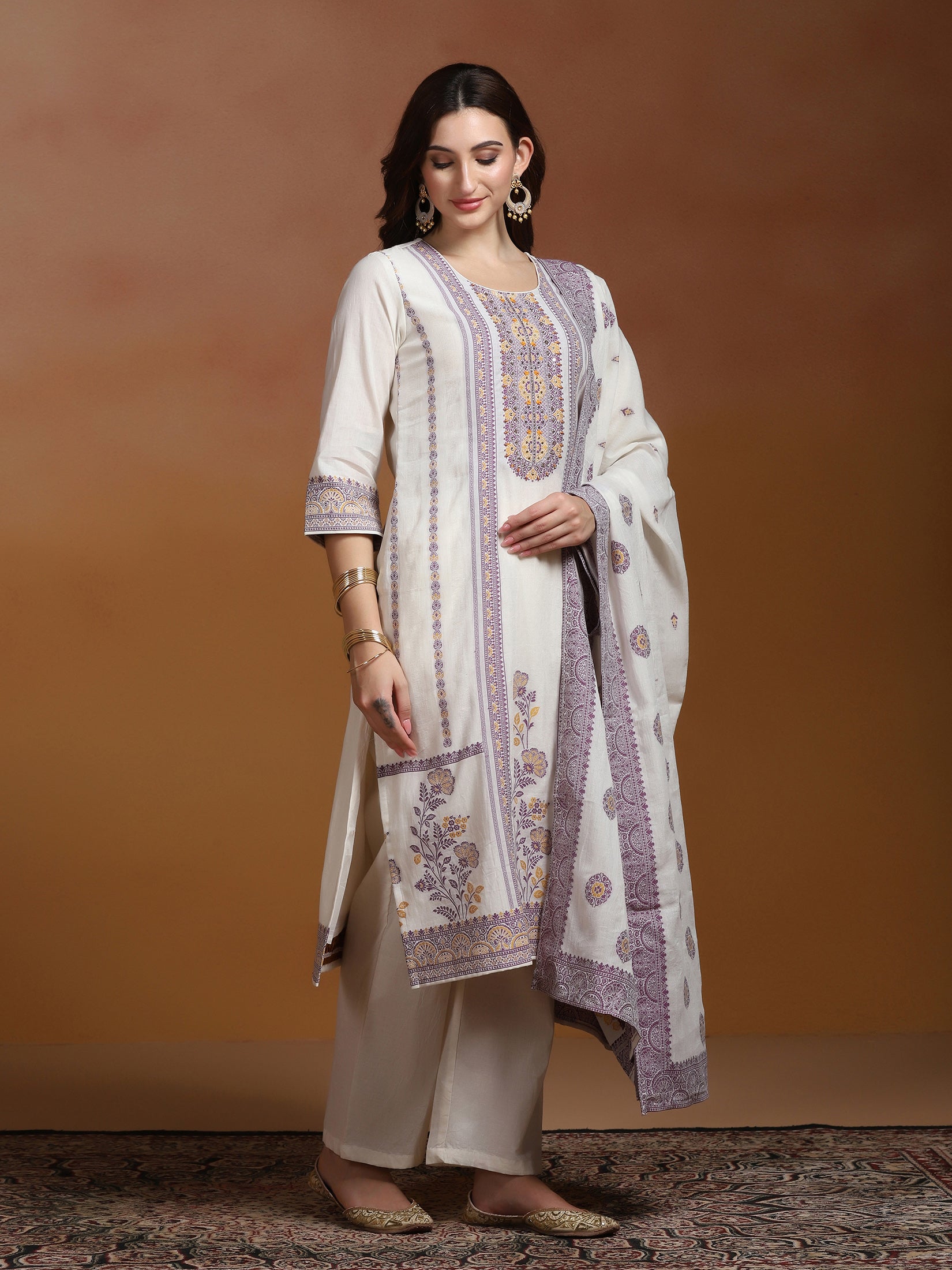 Off White  Cotton Jacquard Kurta Comfort Pant Dupatta