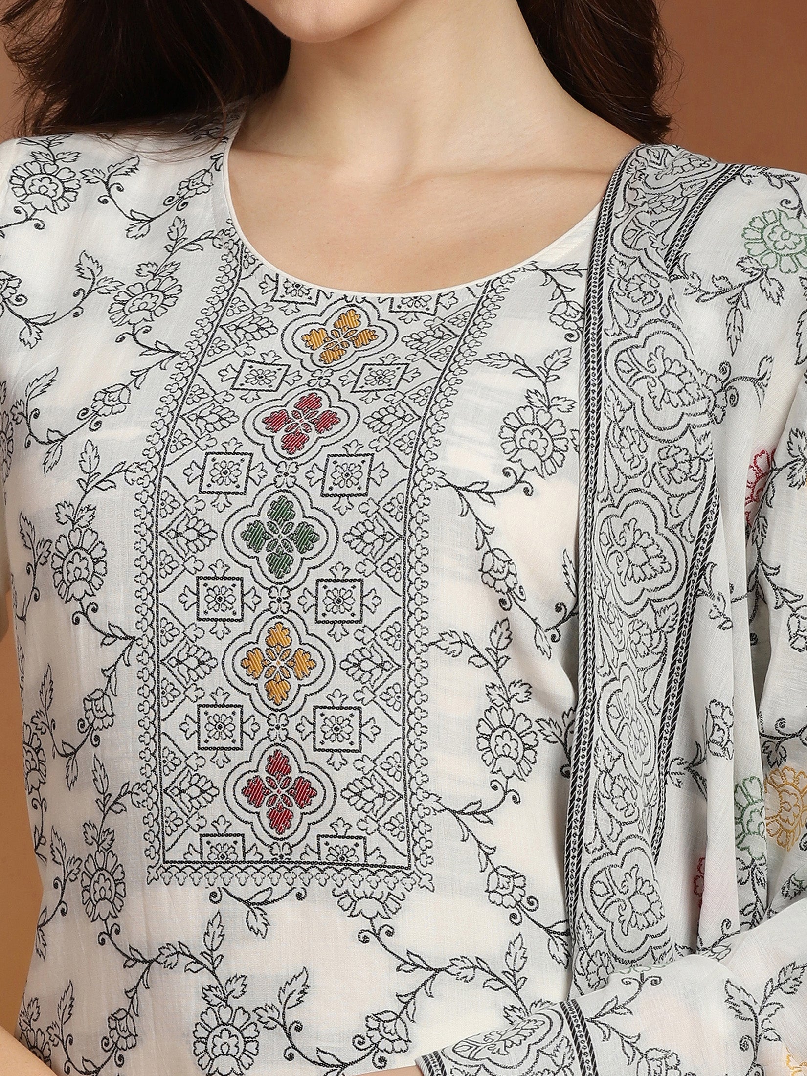Off White Cotton Jacquard Kurta Comfort Pant With Dupatta