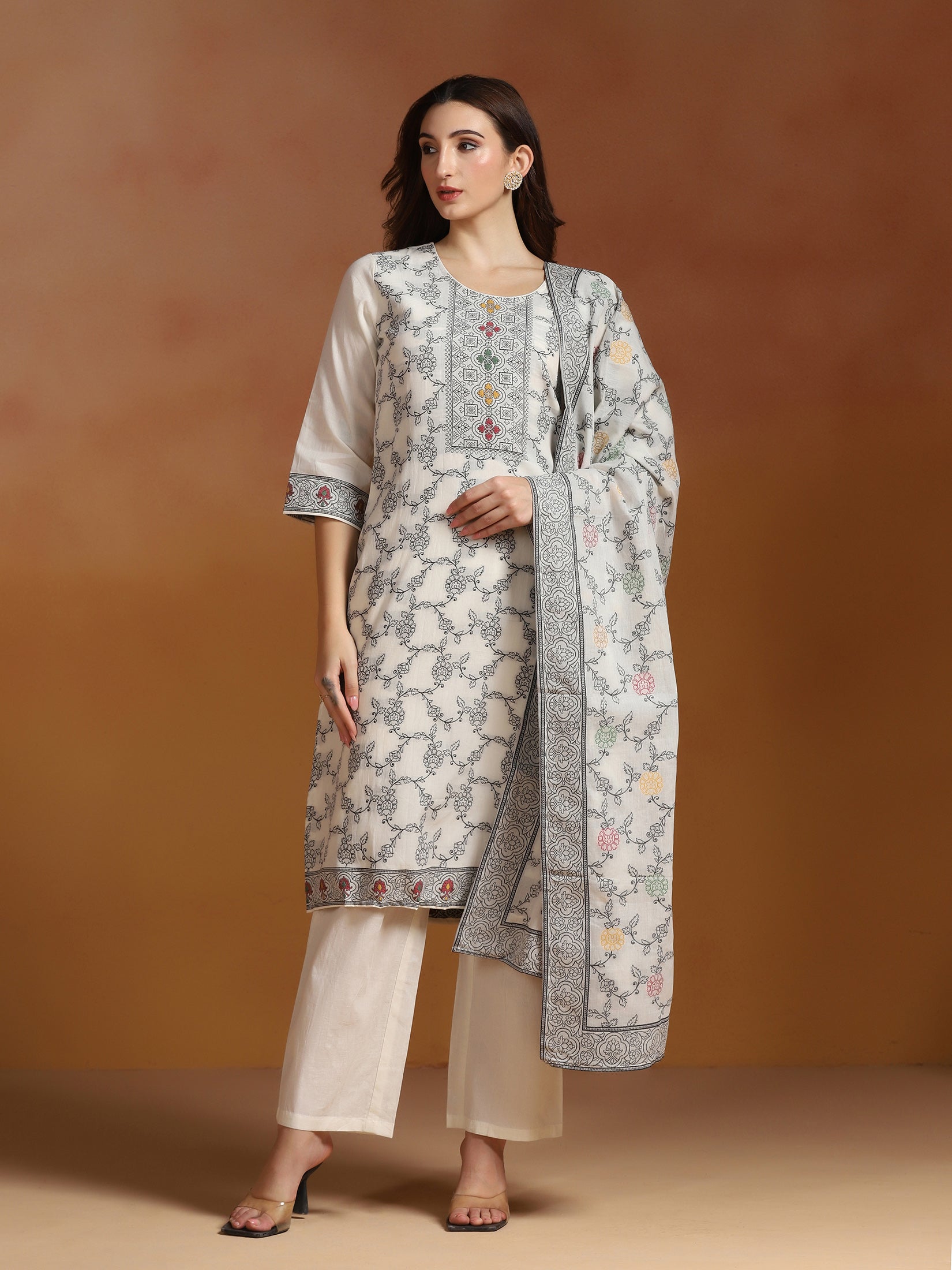 Off White Cotton Jacquard Kurta Comfort Pant With Dupatta