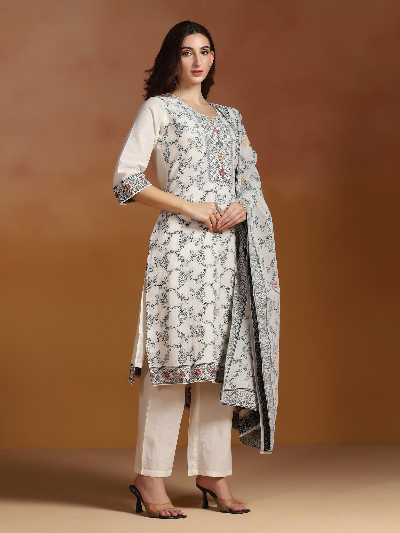 Off White Cotton Jacquard Kurta Comfort Pant With Dupatta