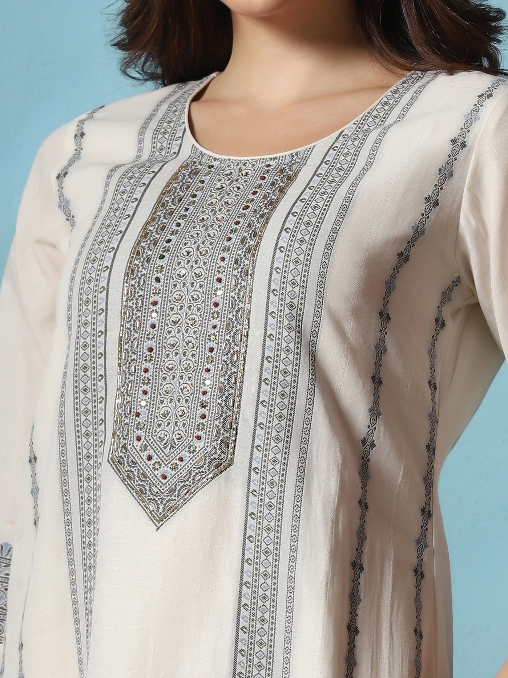 Women Cotton Off White Jacquard Kurta Comfort Pant Dupatta