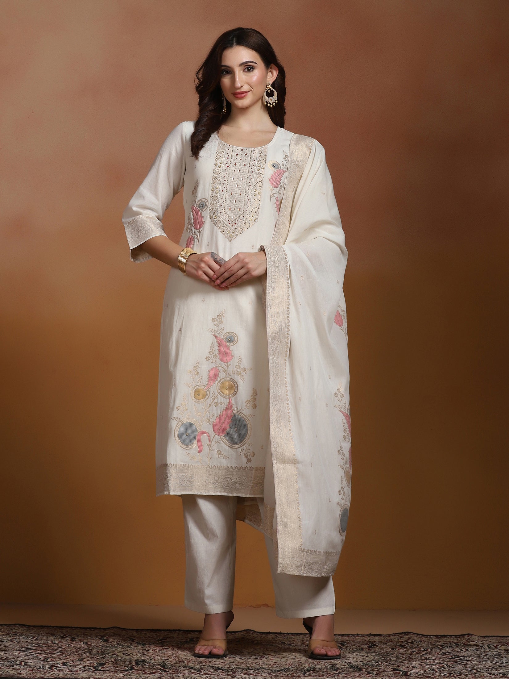 Women Cotton Jacquard Off White Kurta Comfort Pant With Dupatta