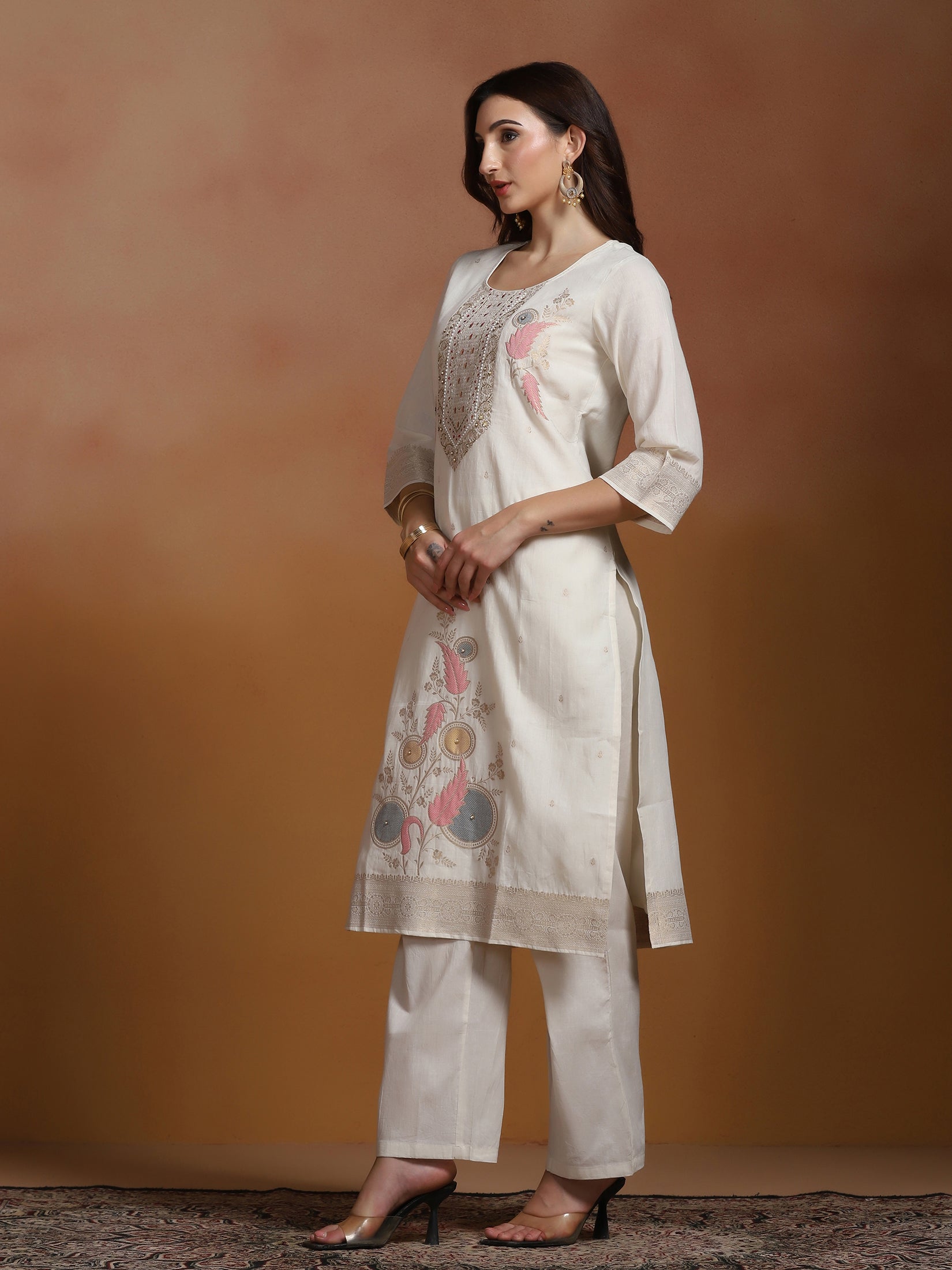 Women Cotton Jacquard Off White Kurta Comfort Pant With Dupatta