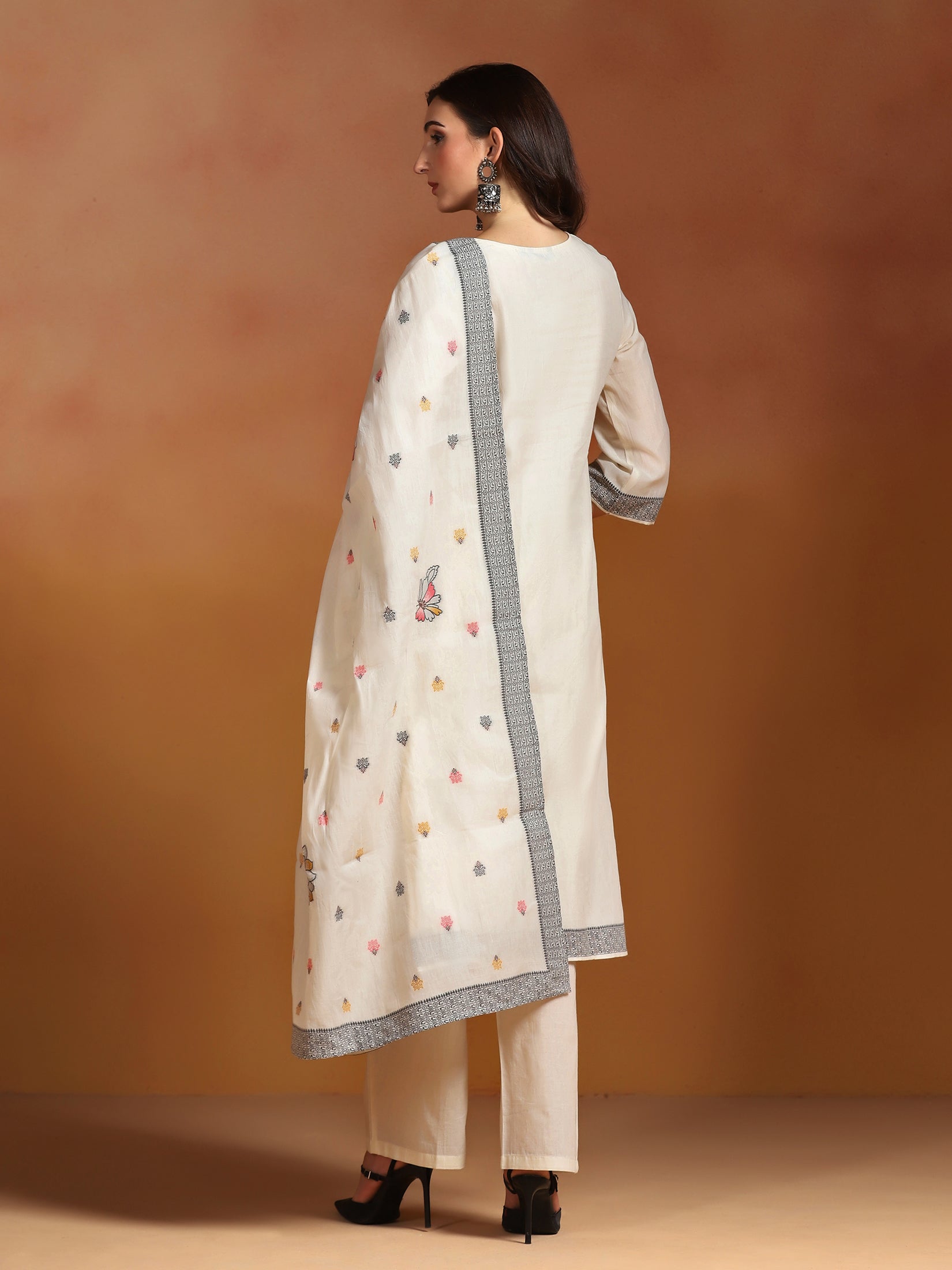 Women Off White  Cotton Jacquard Kurta Comfort Pant With Dupatta