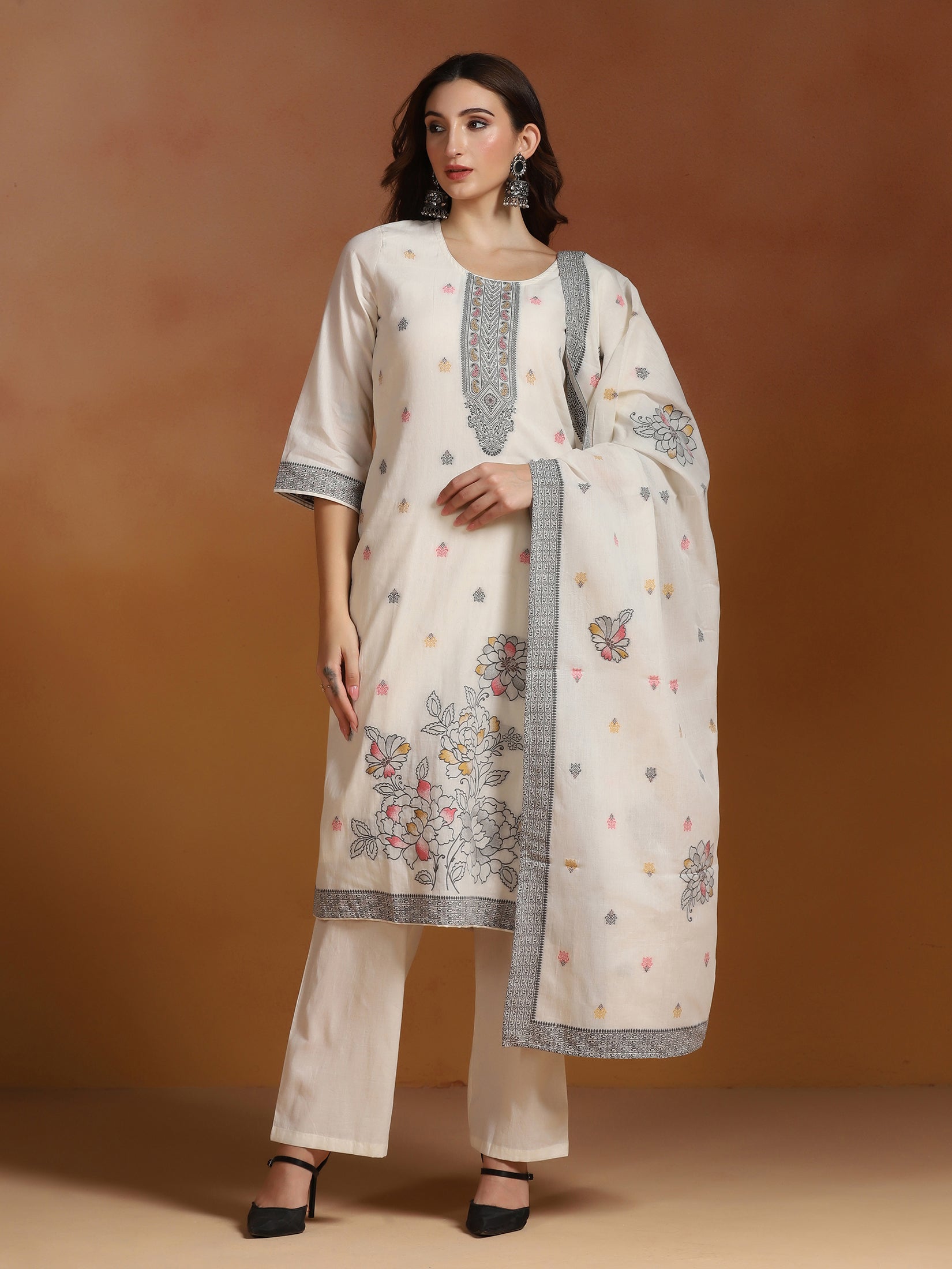 Women Off White  Cotton Jacquard Kurta Comfort Pant With Dupatta