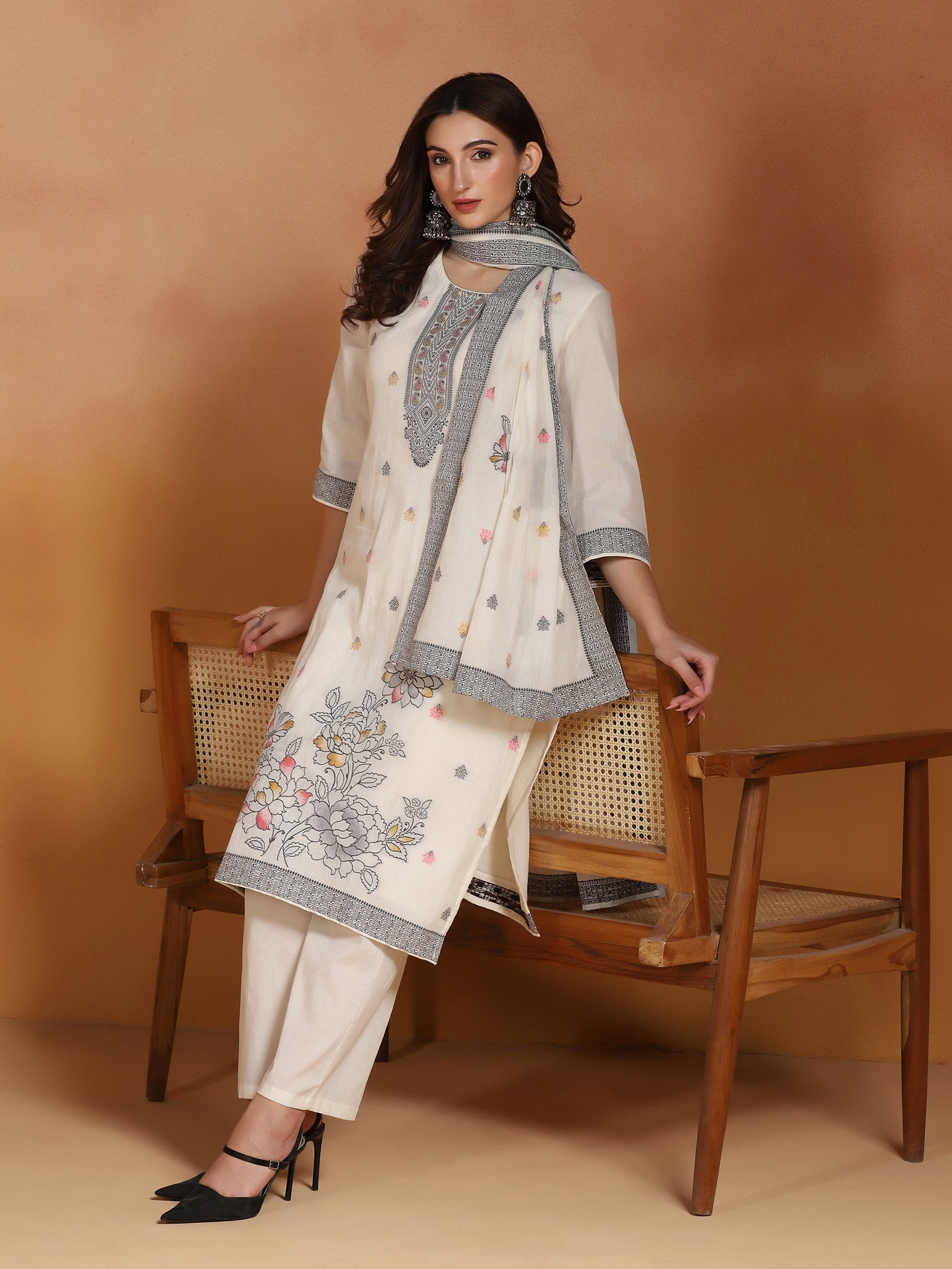 Women Off White  Cotton Jacquard Kurta Comfort Pant With Dupatta