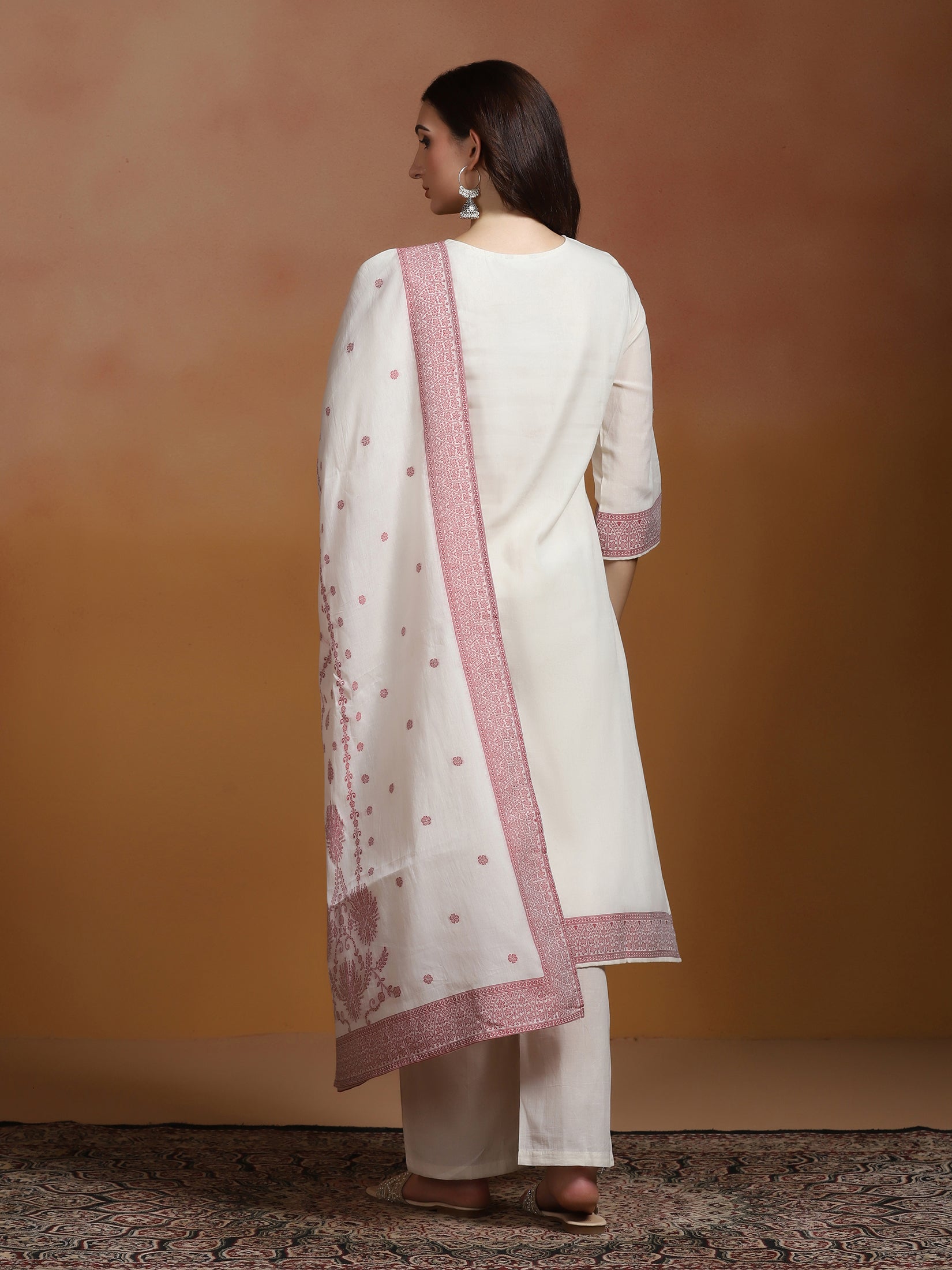 Women Cotton Jacquard Off White Kurta Comfort Pant Dupatta
