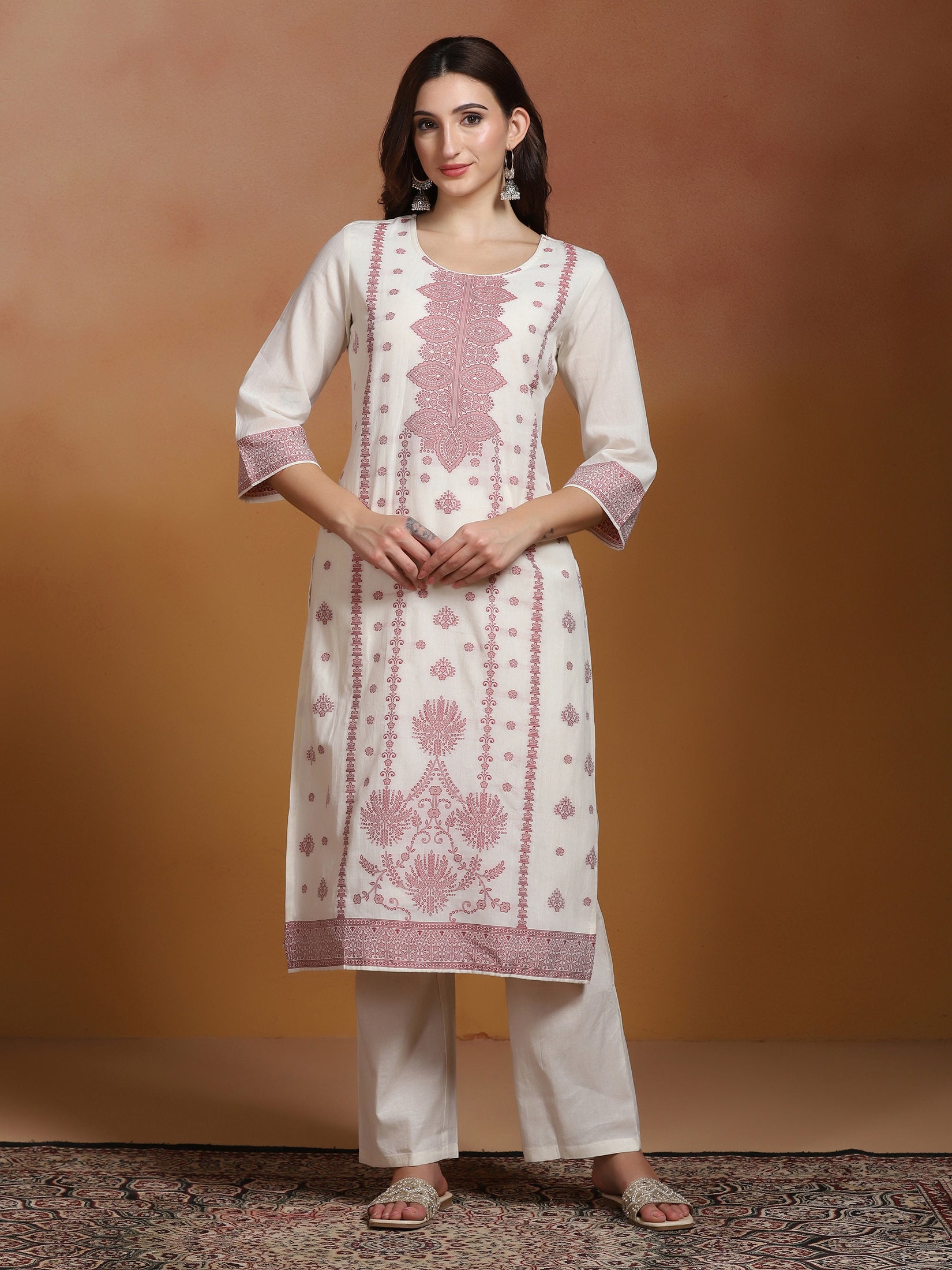 Women Cotton Jacquard Off White Kurta Comfort Pant Dupatta