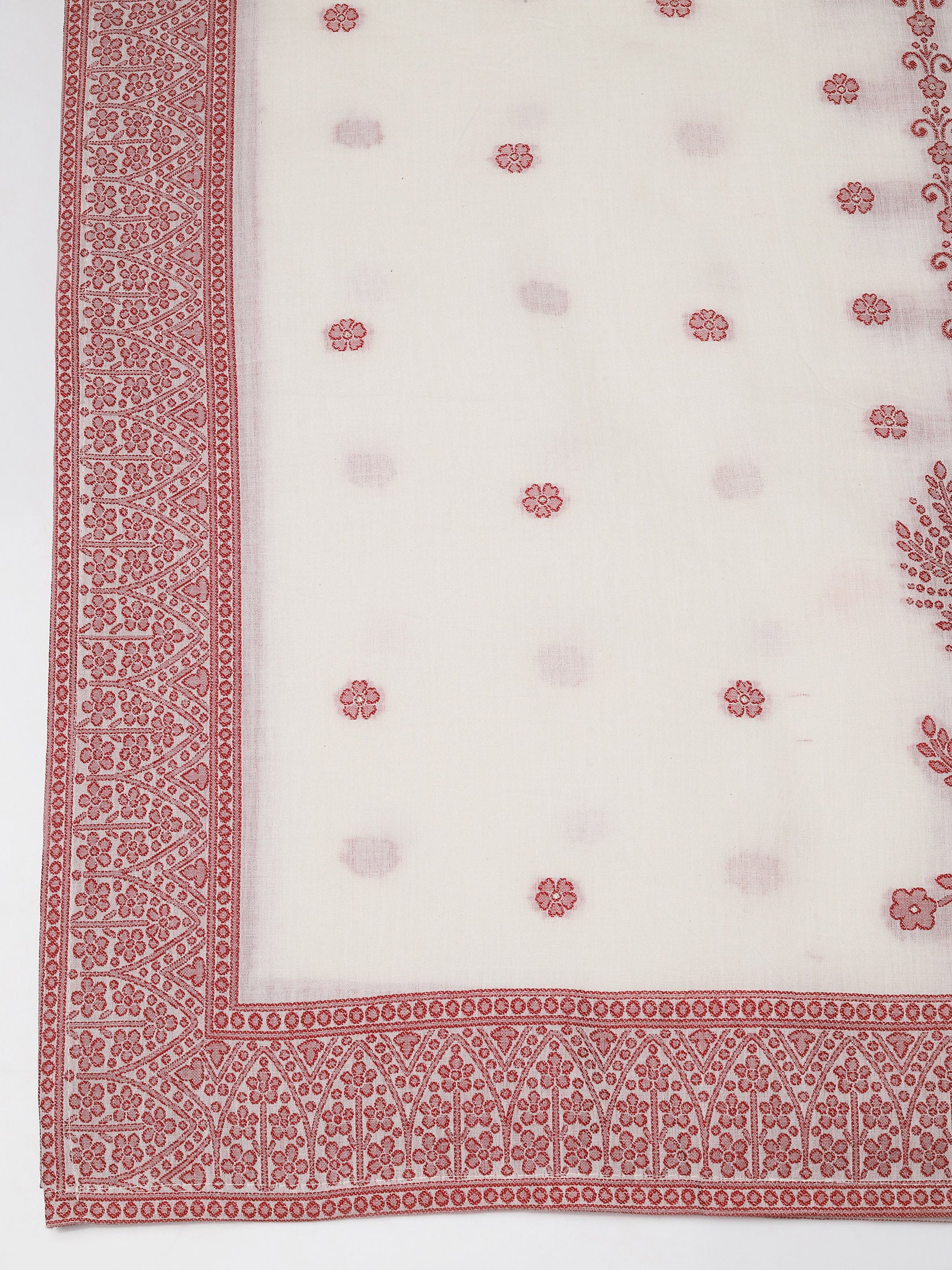 Women Cotton Jacquard Off White Kurta Comfort Pant Dupatta