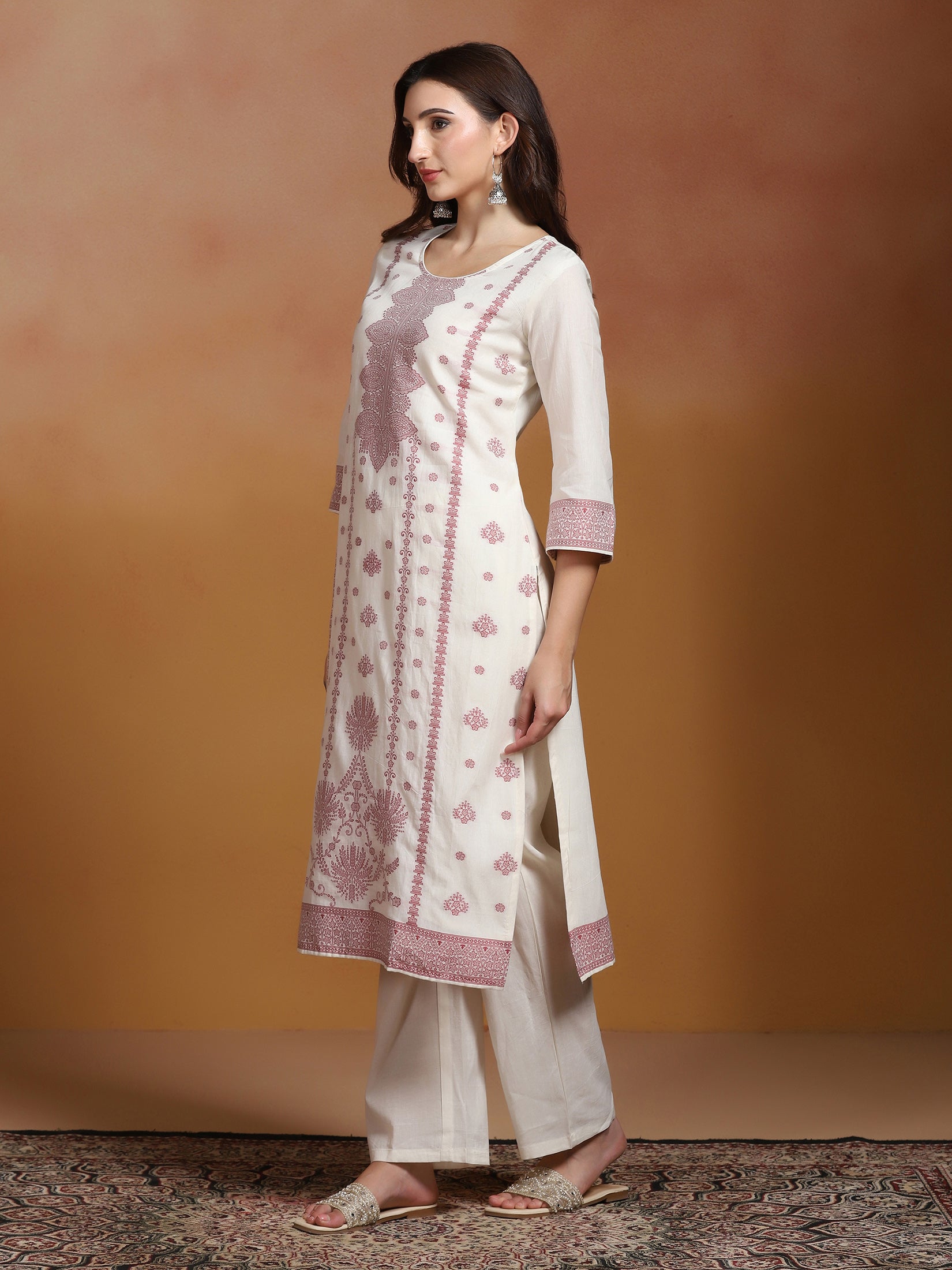 Women Cotton Jacquard Off White Kurta Comfort Pant Dupatta