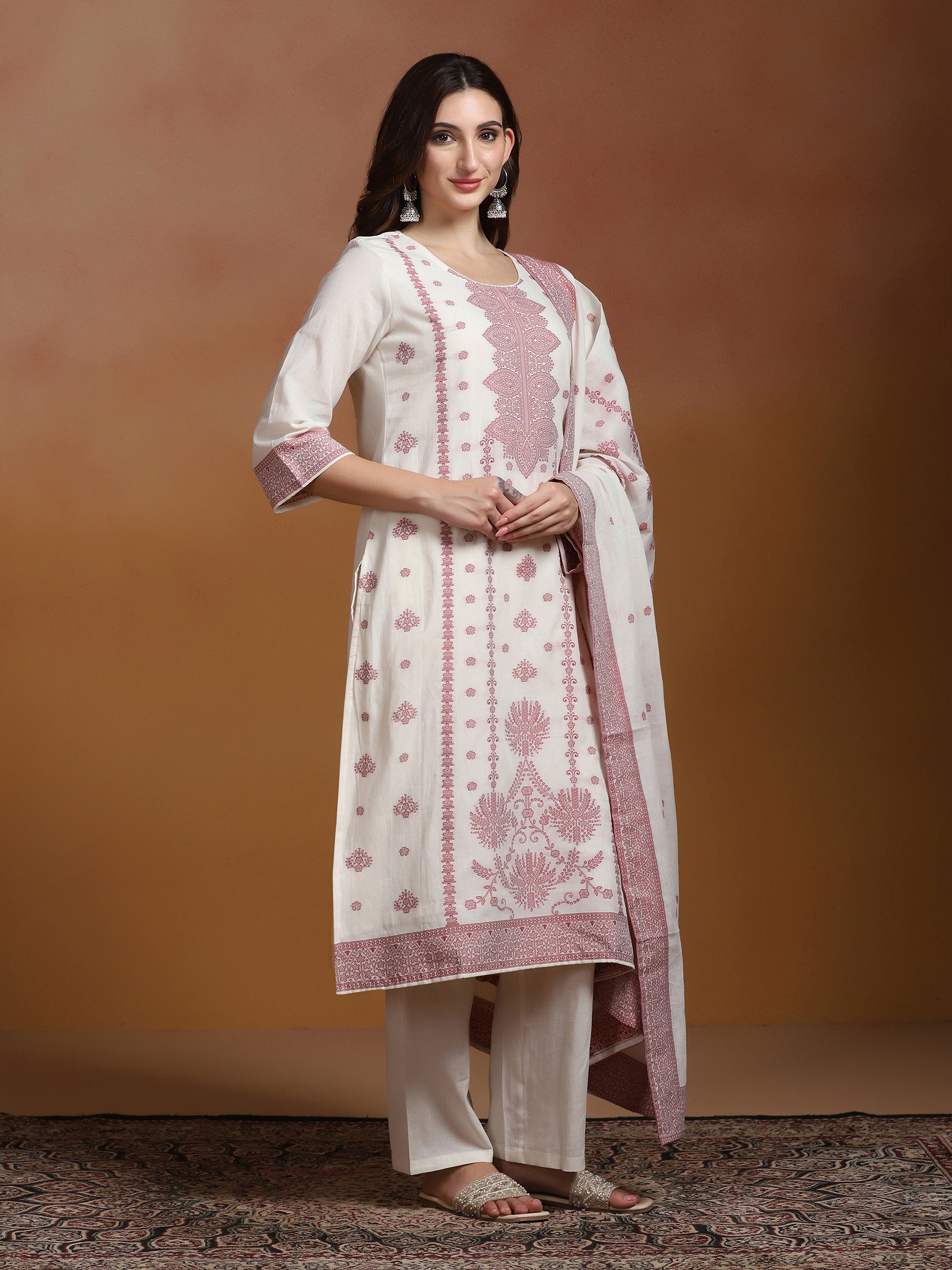 Women Cotton Jacquard Off White Kurta Comfort Pant Dupatta