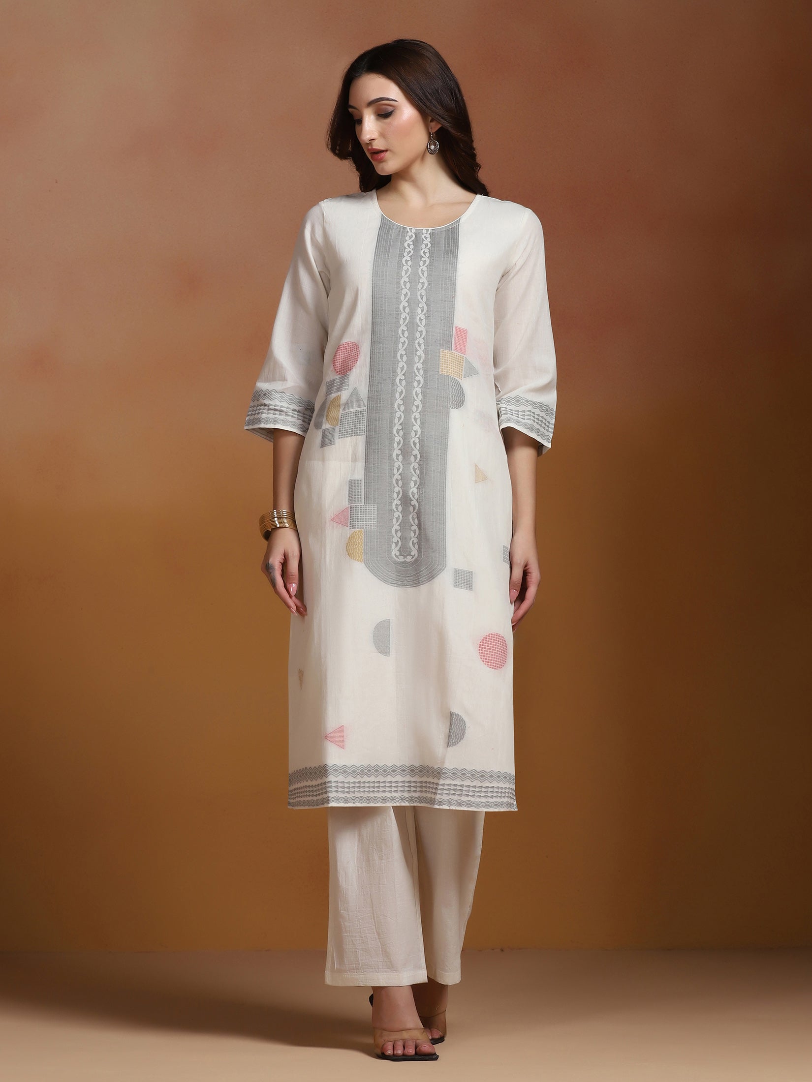 Women Off White Cotton Jacquard Kurta Comfort Pant Dupatta