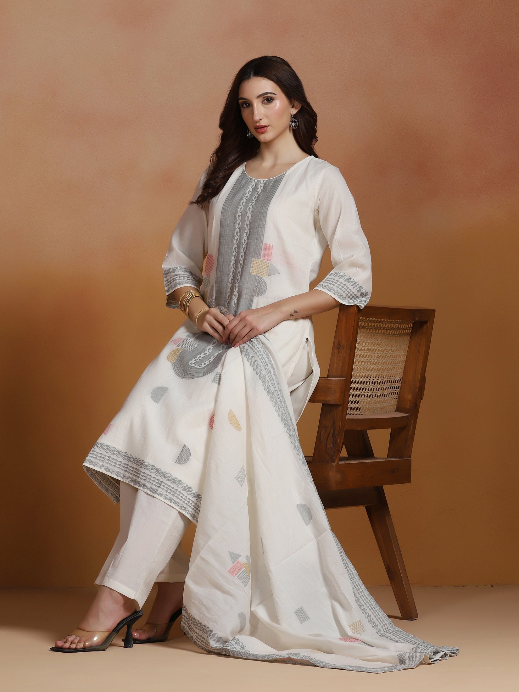 Women Off White Cotton Jacquard Kurta Comfort Pant Dupatta