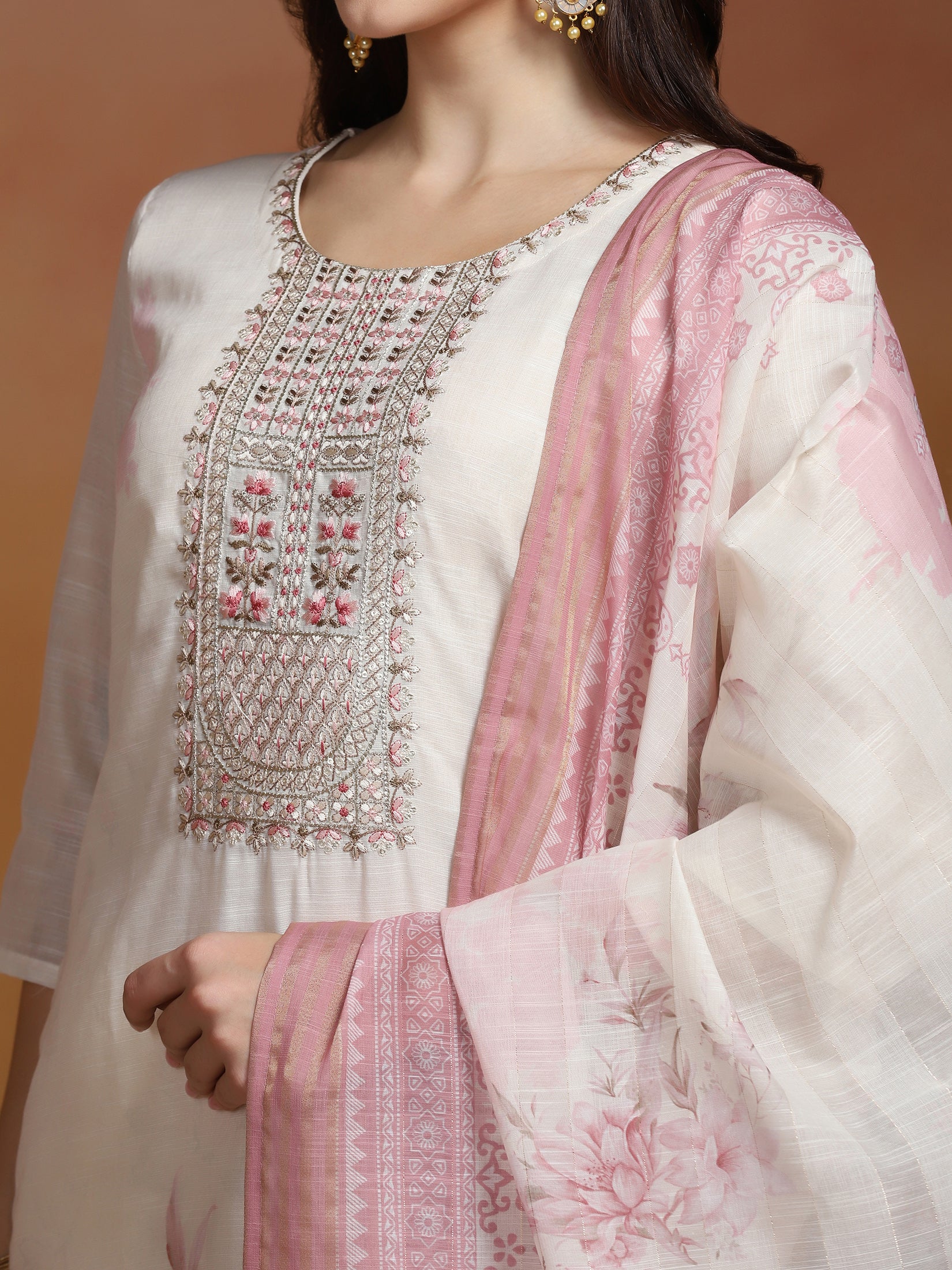 Women Linen Off White and Pink Embroidered Kurta Comfort Pant Dupatta