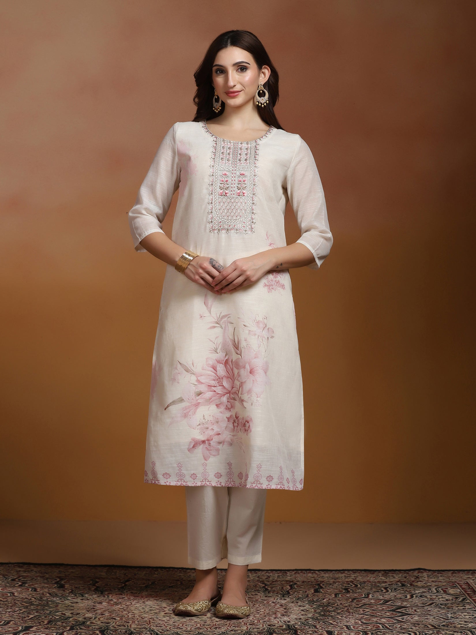 Women Linen Off White and Pink Embroidered Kurta Comfort Pant Dupatta
