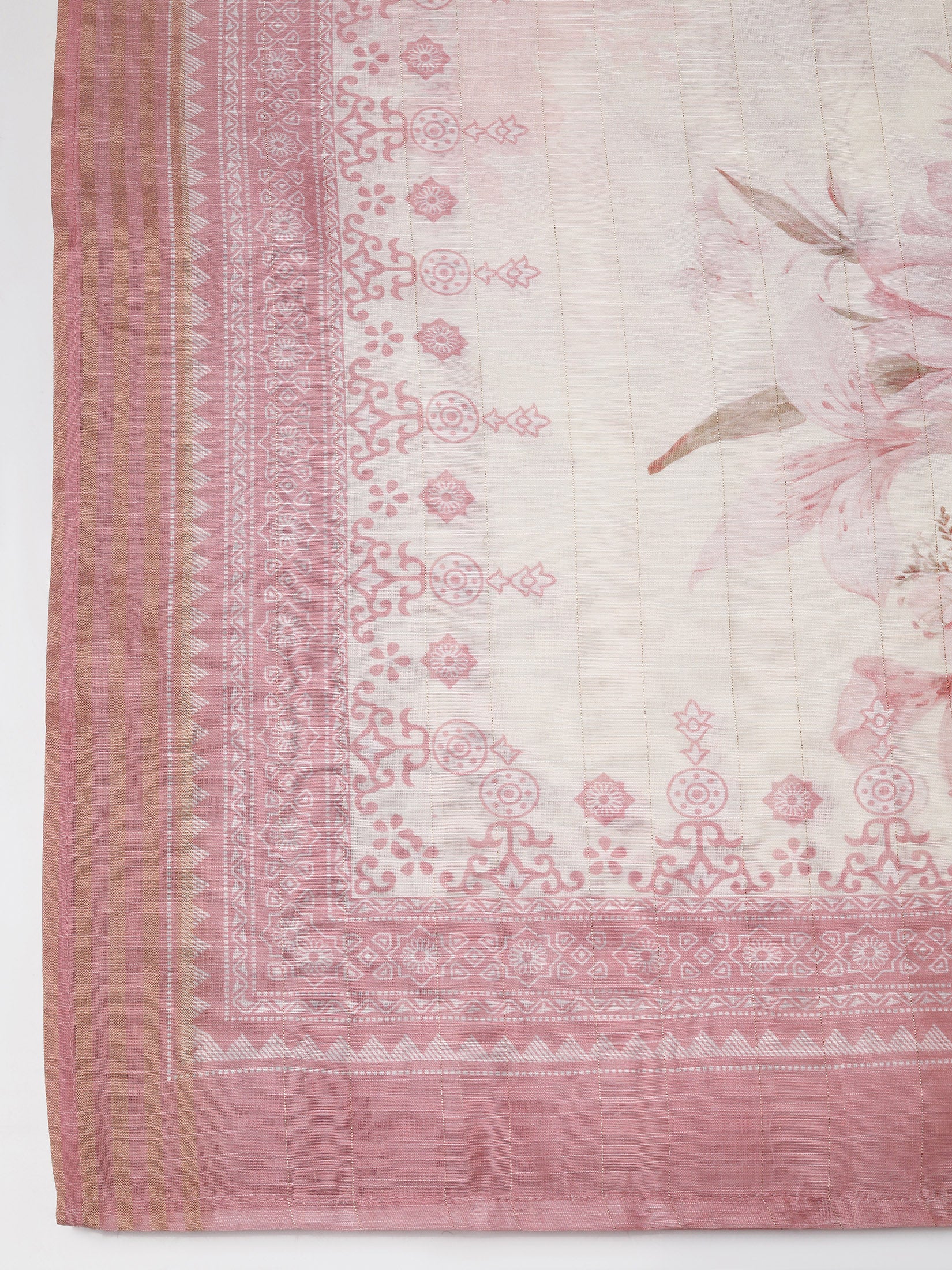 Women Linen Off White and Pink Embroidered Kurta Comfort Pant Dupatta