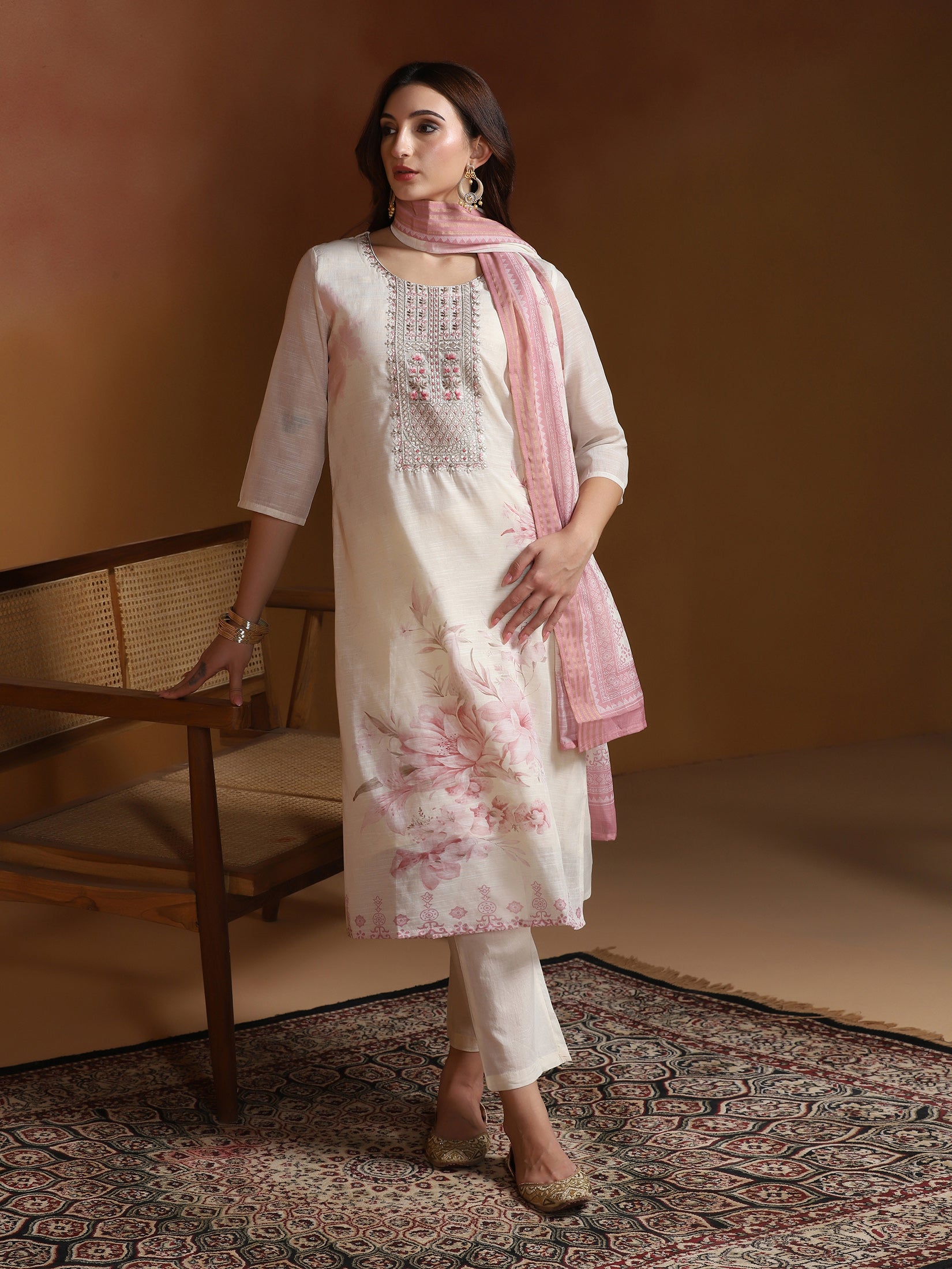 Women Linen Off White and Pink Embroidered Kurta Comfort Pant Dupatta