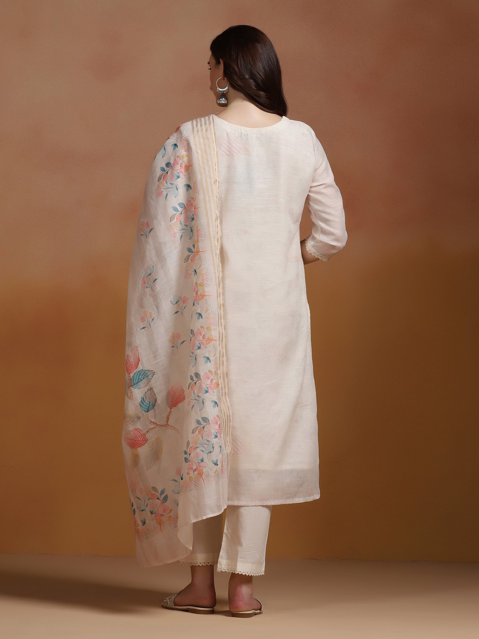 Women Linen Cream Embroidered Kurta Comfort Pant Dupatta