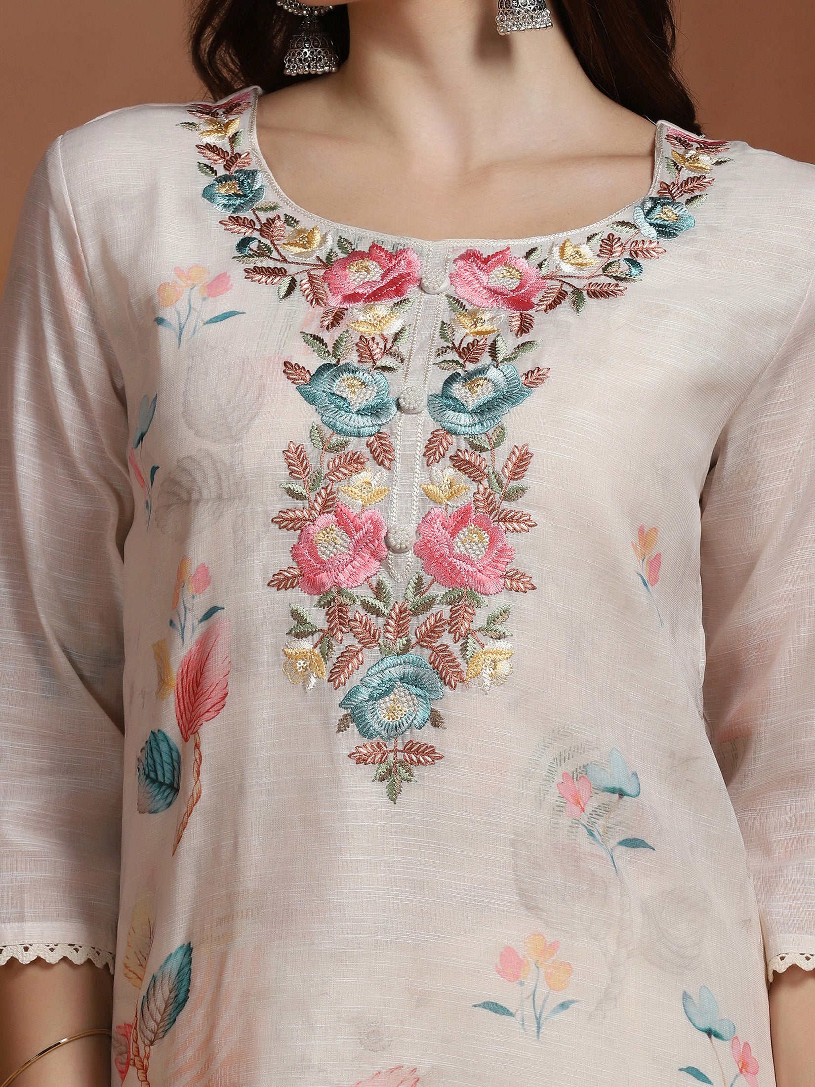 Women Linen Cream Embroidered Kurta Comfort Pant Dupatta