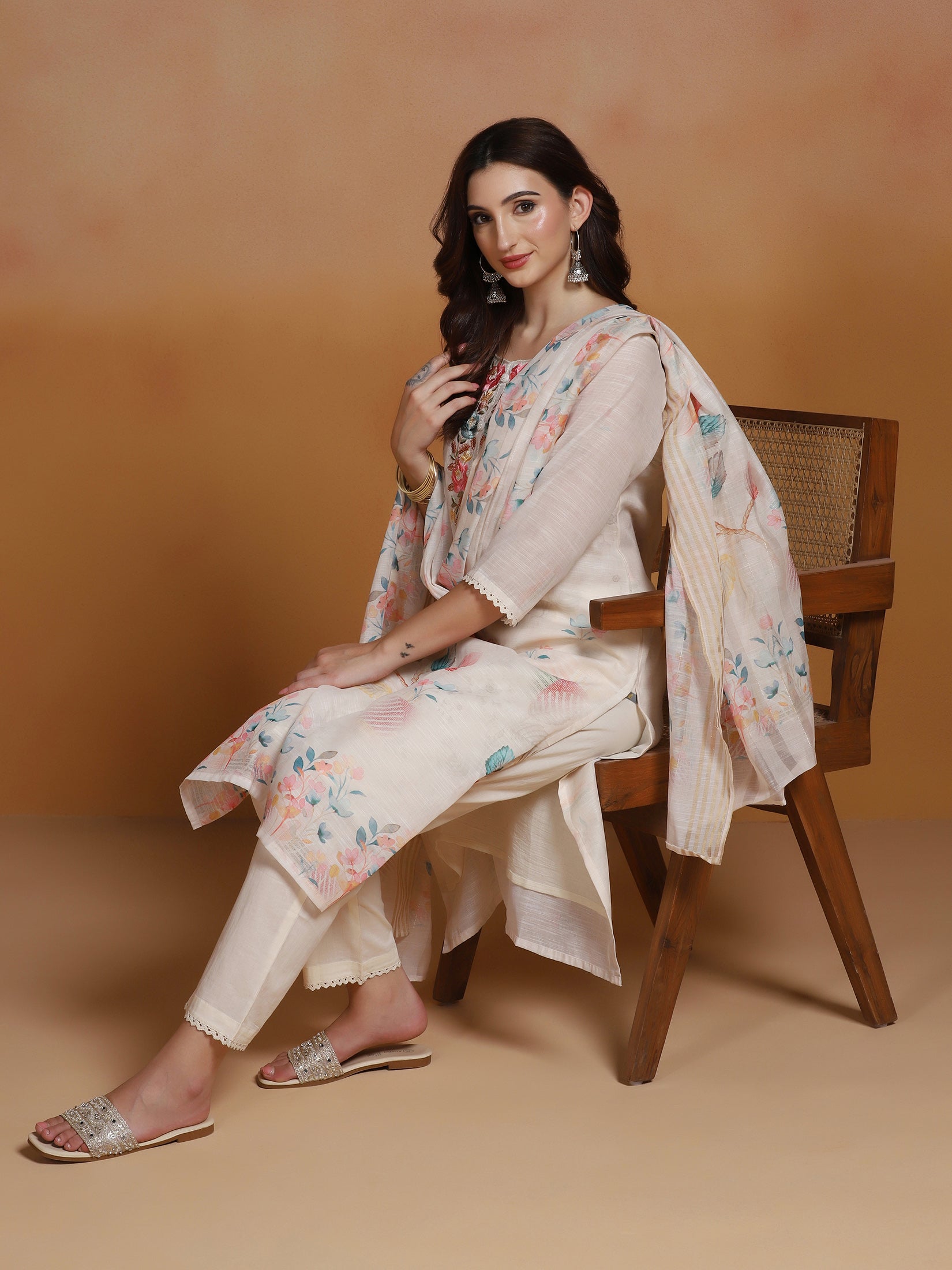 Women Linen Cream Embroidered Kurta Comfort Pant Dupatta