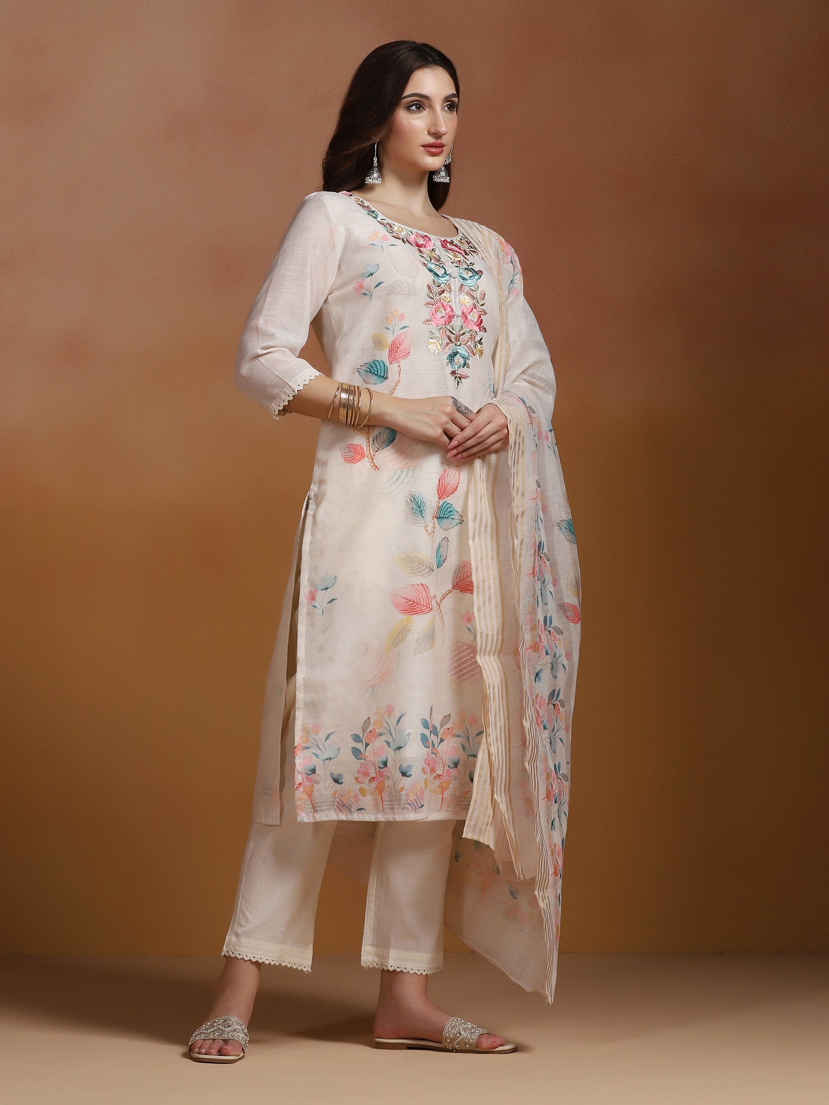 Women Linen Cream Embroidered Kurta Comfort Pant Dupatta