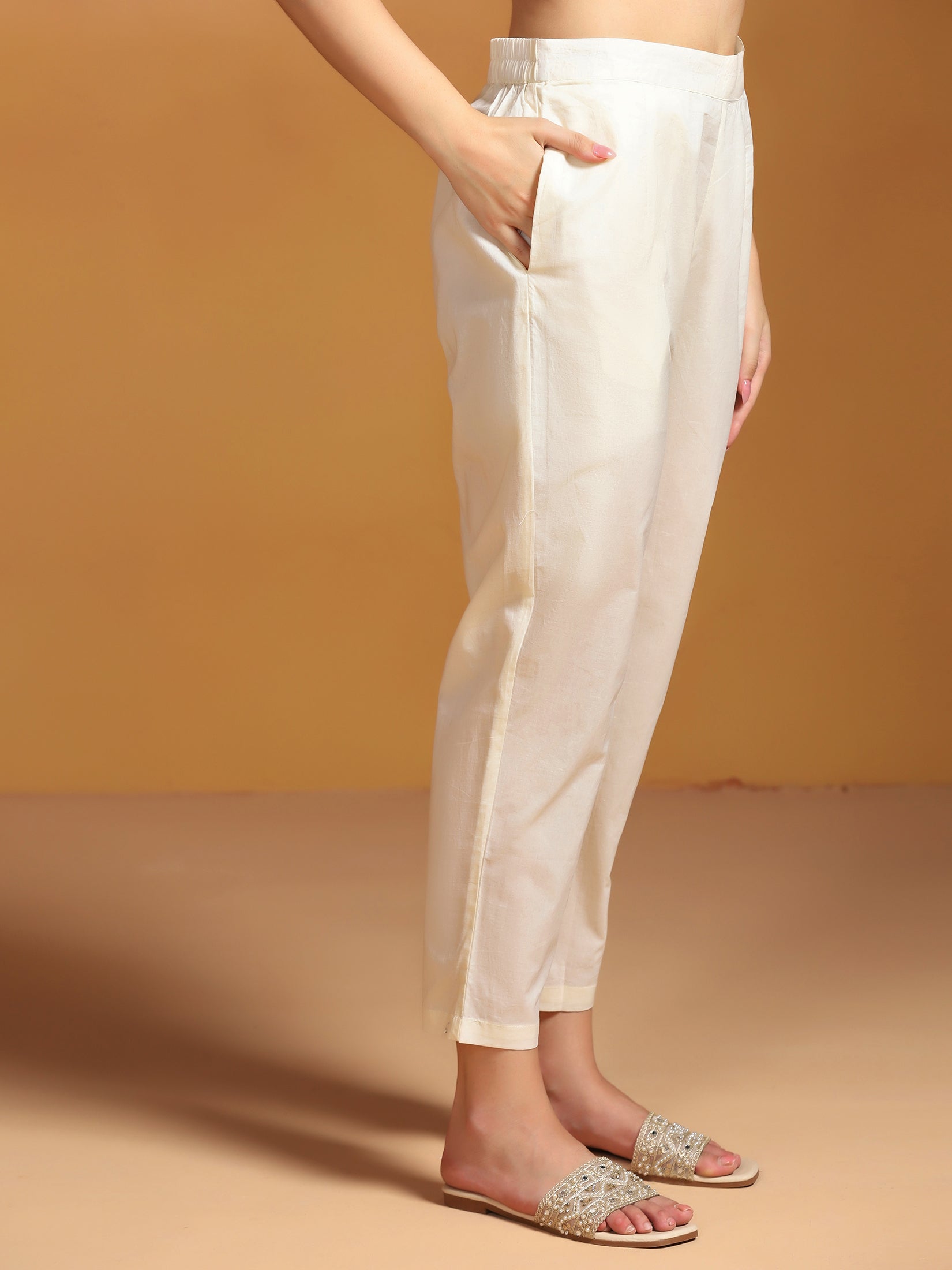 Women Poly Viscose Linen Off White Embroidered Kurta Comfort Pant Dupatta