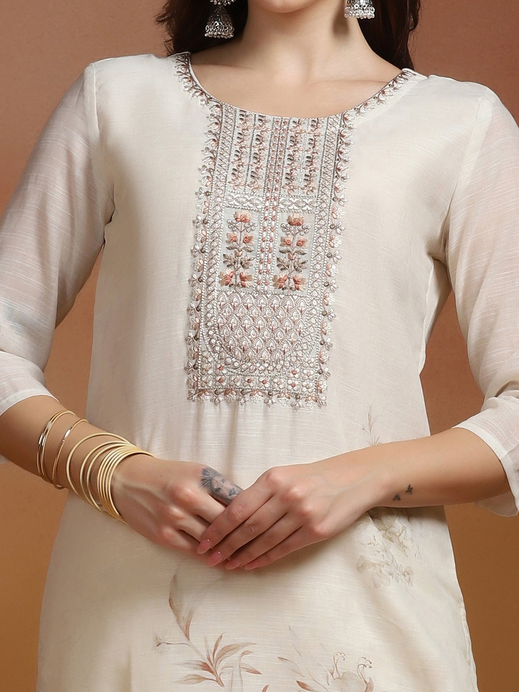 Women Poly Viscose Linen Off White Embroidered Kurta Comfort Pant Dupatta