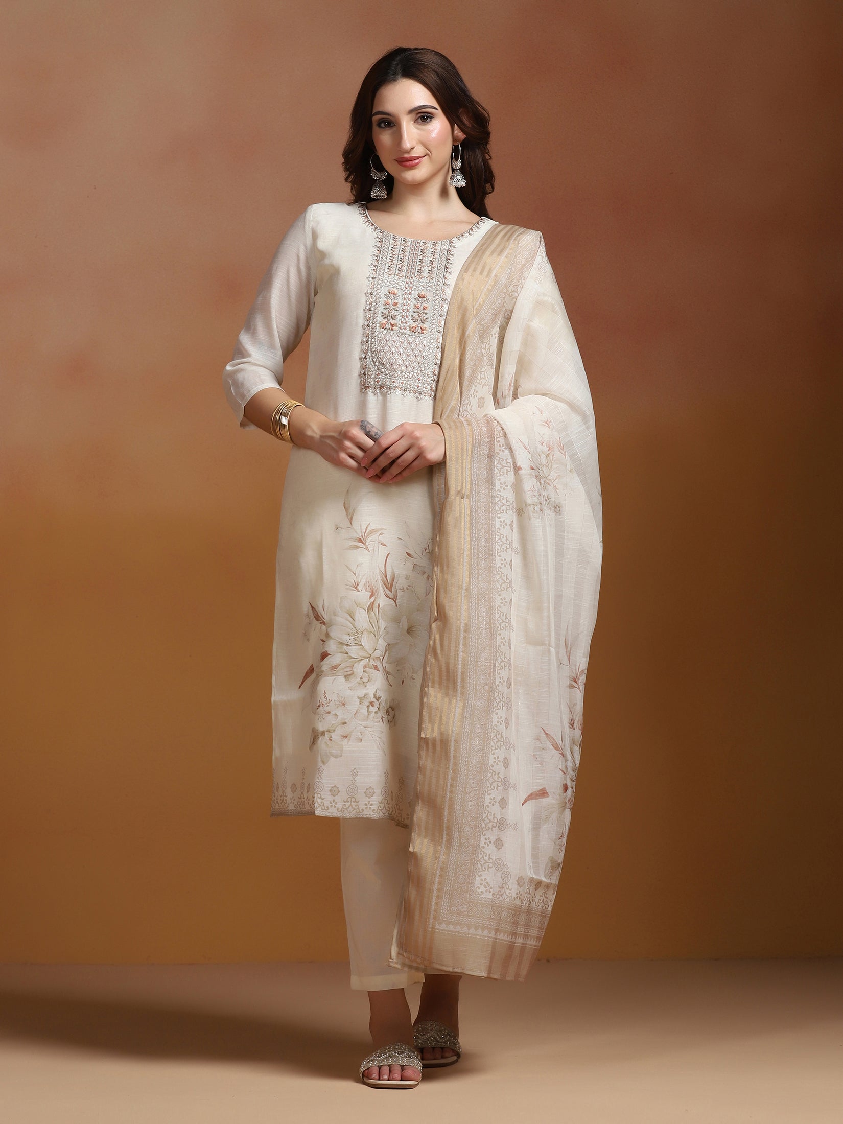 Women Poly Viscose Linen Off White Embroidered Kurta Comfort Pant Dupatta
