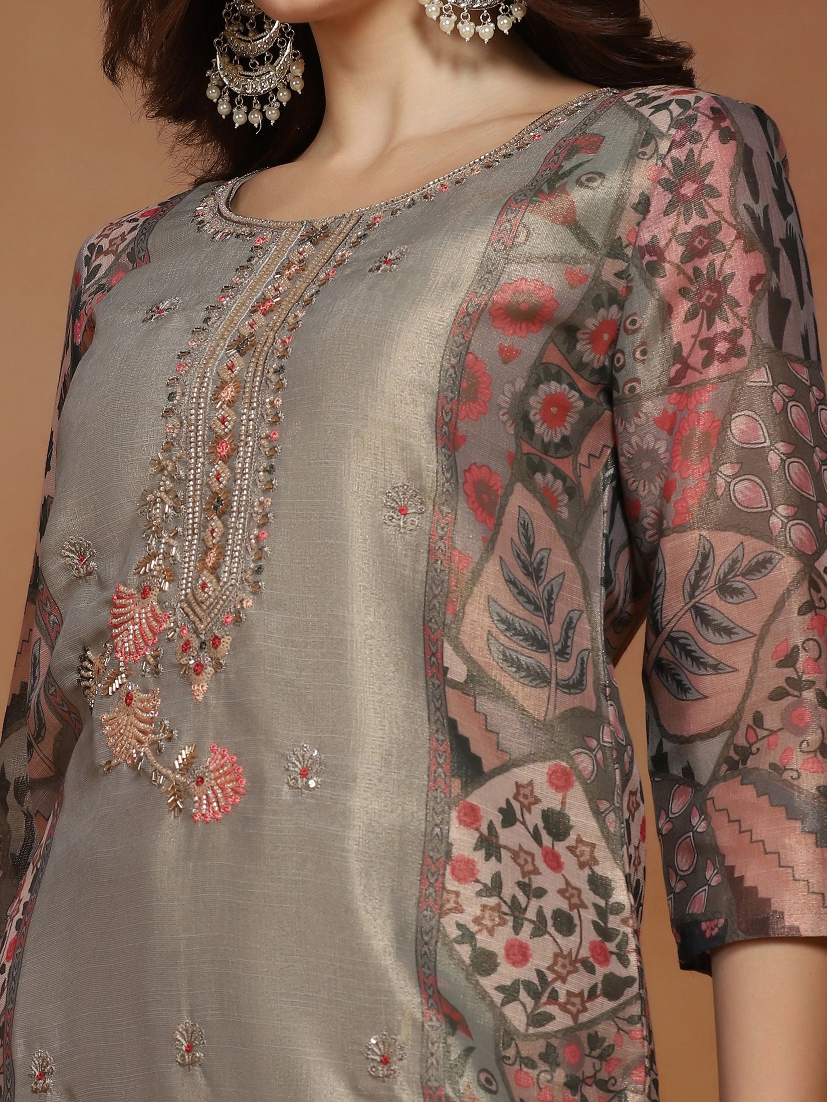 Women Linen Olive Embroidered Kurta Comfort Pant Dupatta