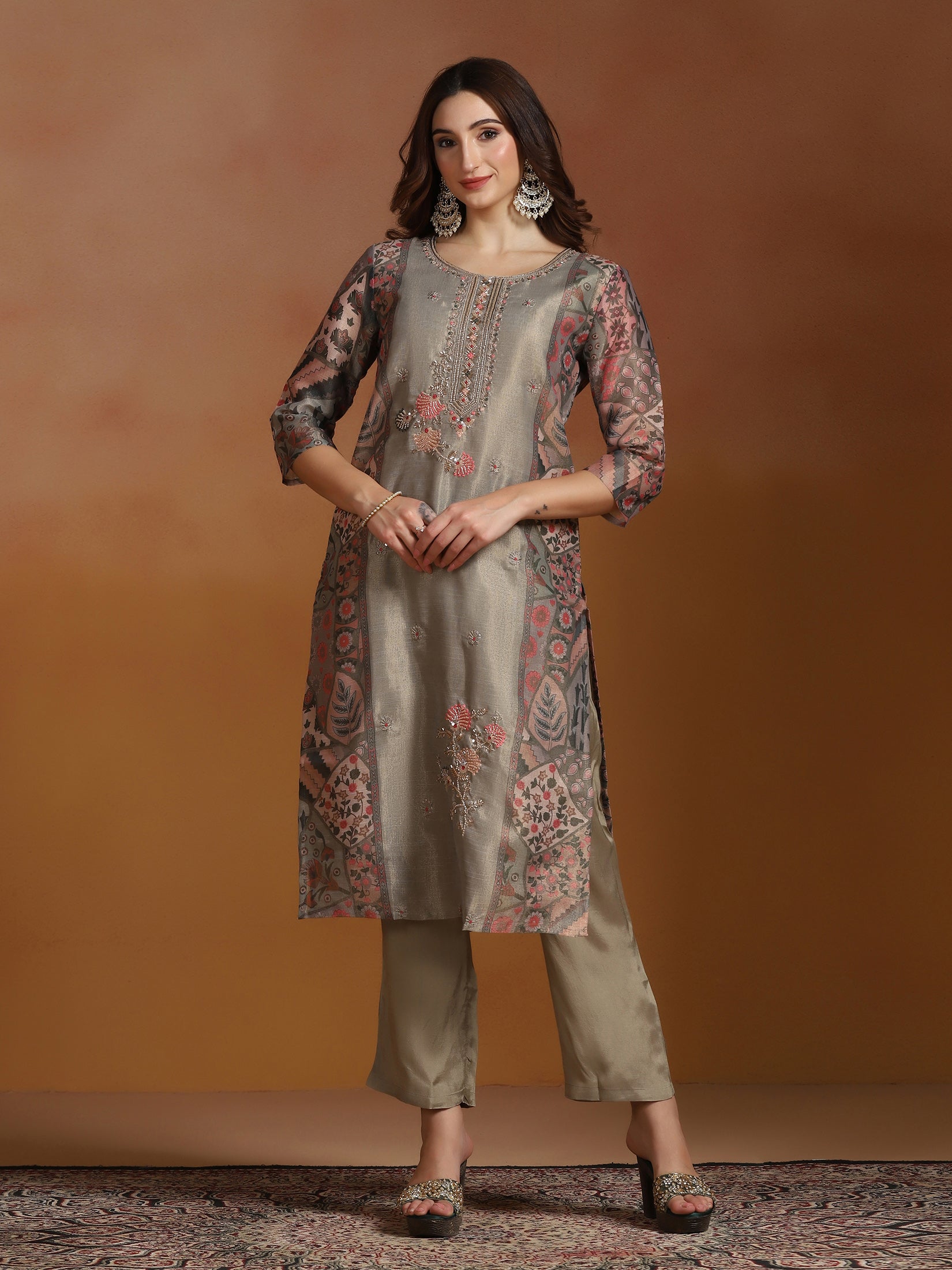 Women Linen Olive Embroidered Kurta Comfort Pant Dupatta