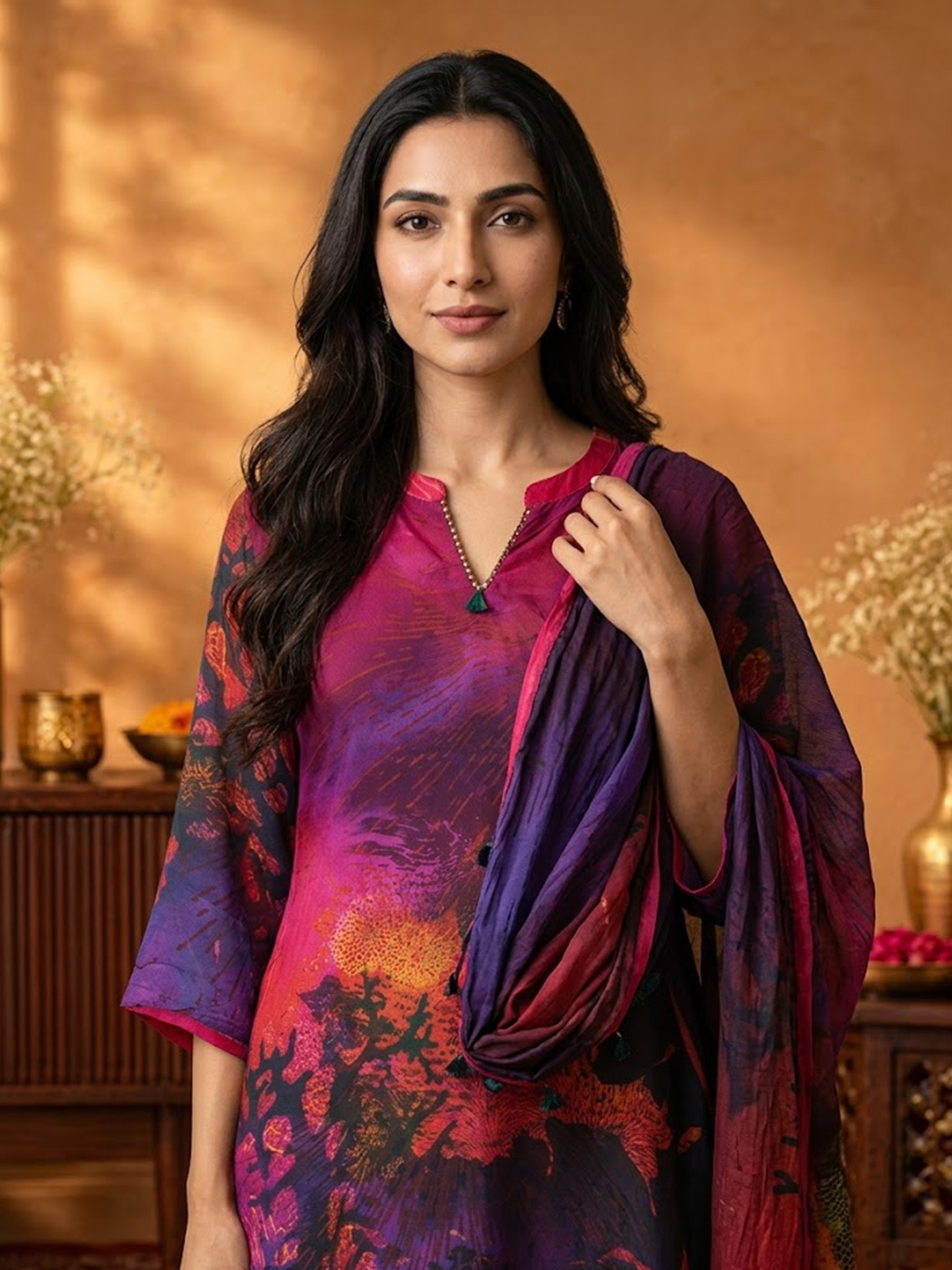 Women Pink Multi Cosmic Kurta Wide Leg Pant Dupatta