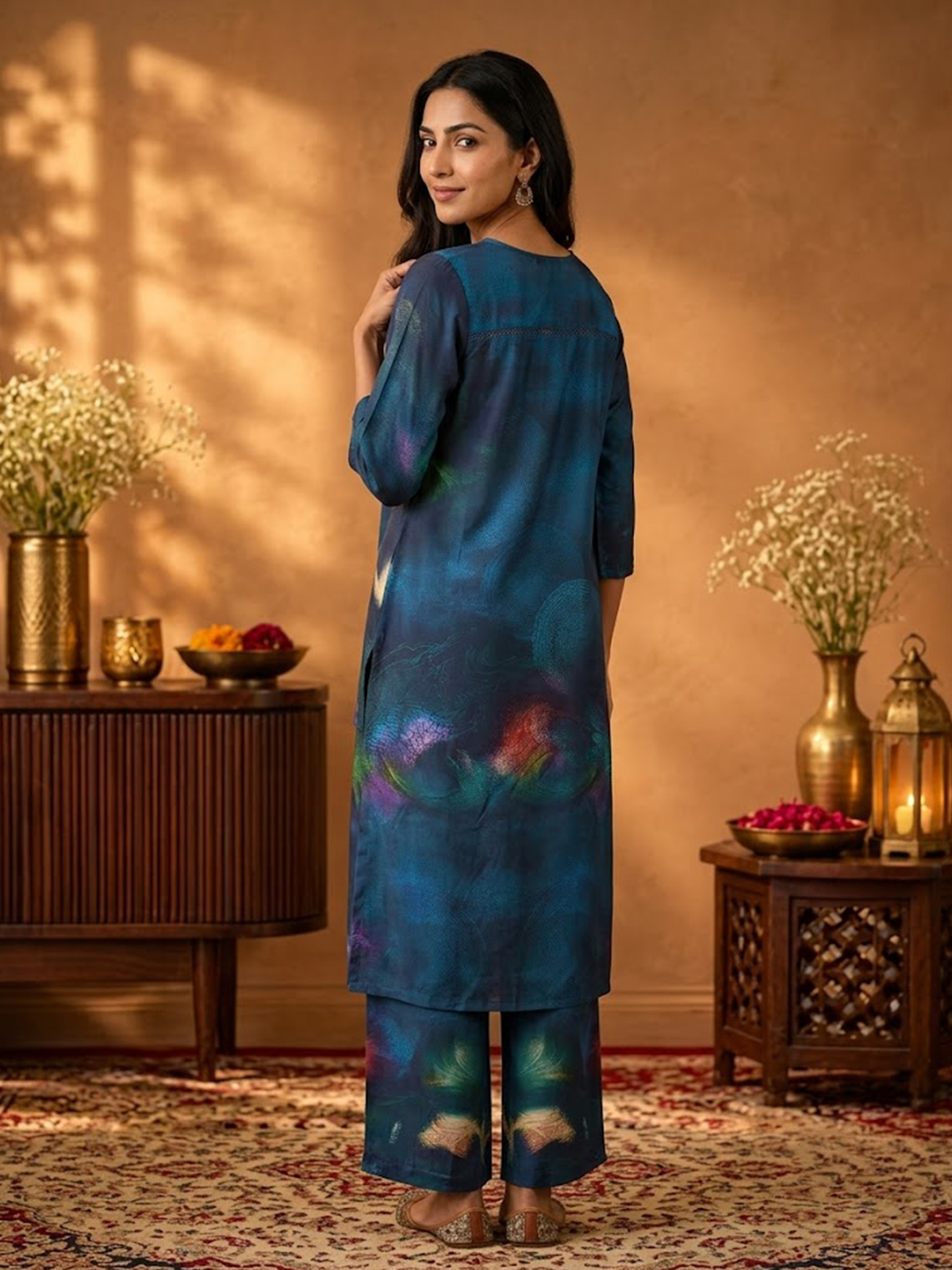 Women Blue Cosmic Kurta With Wide Leg Pant