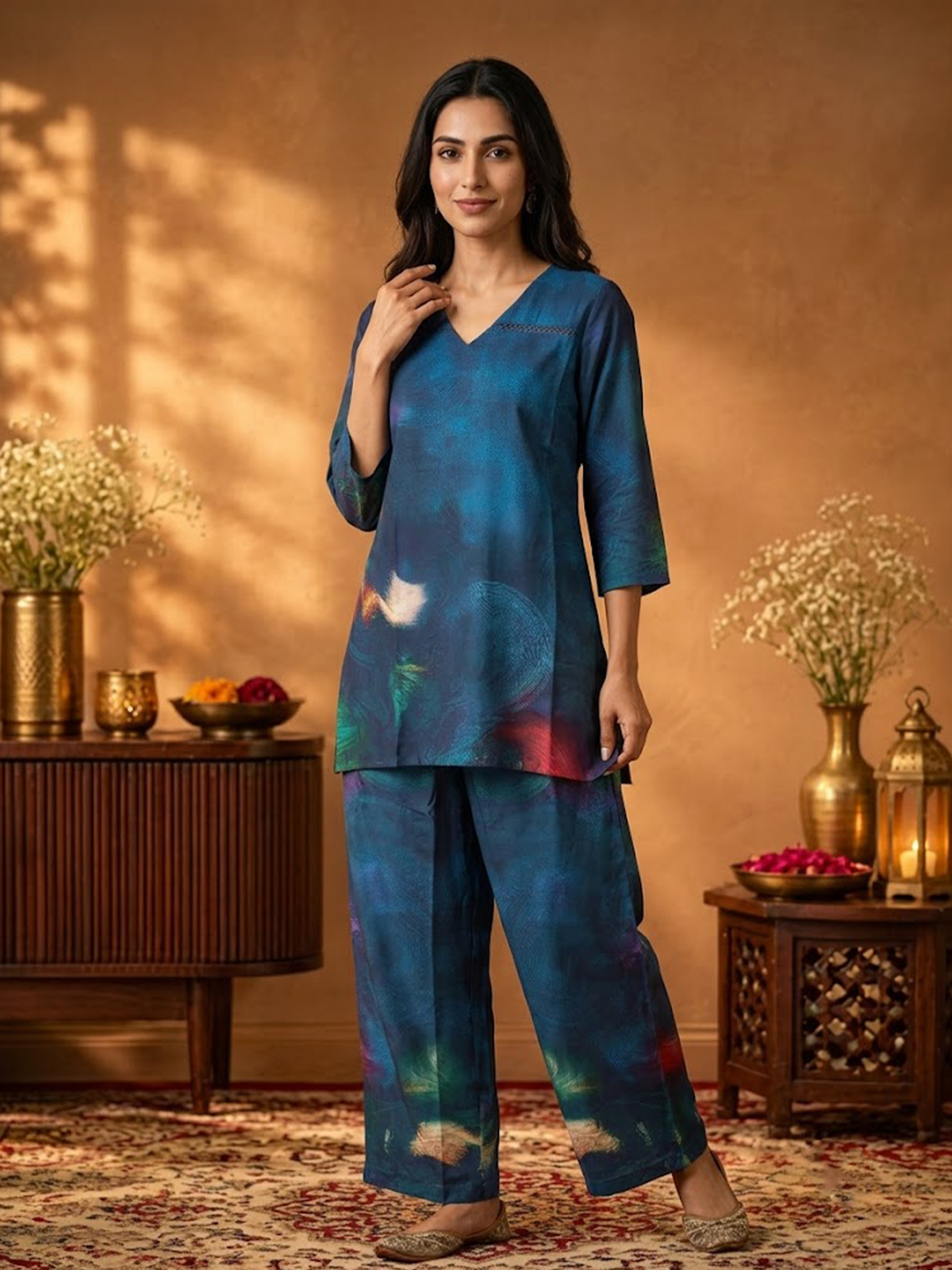 Women Blue Cosmic Kurta With Wide Leg Pant