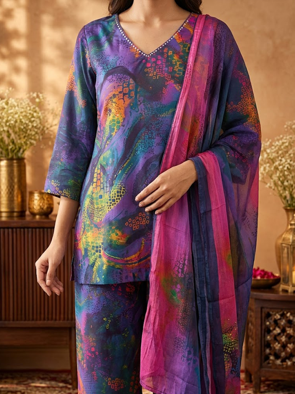 Women Purple Multi Cosmic Kurta Wide Leg Pant Stole