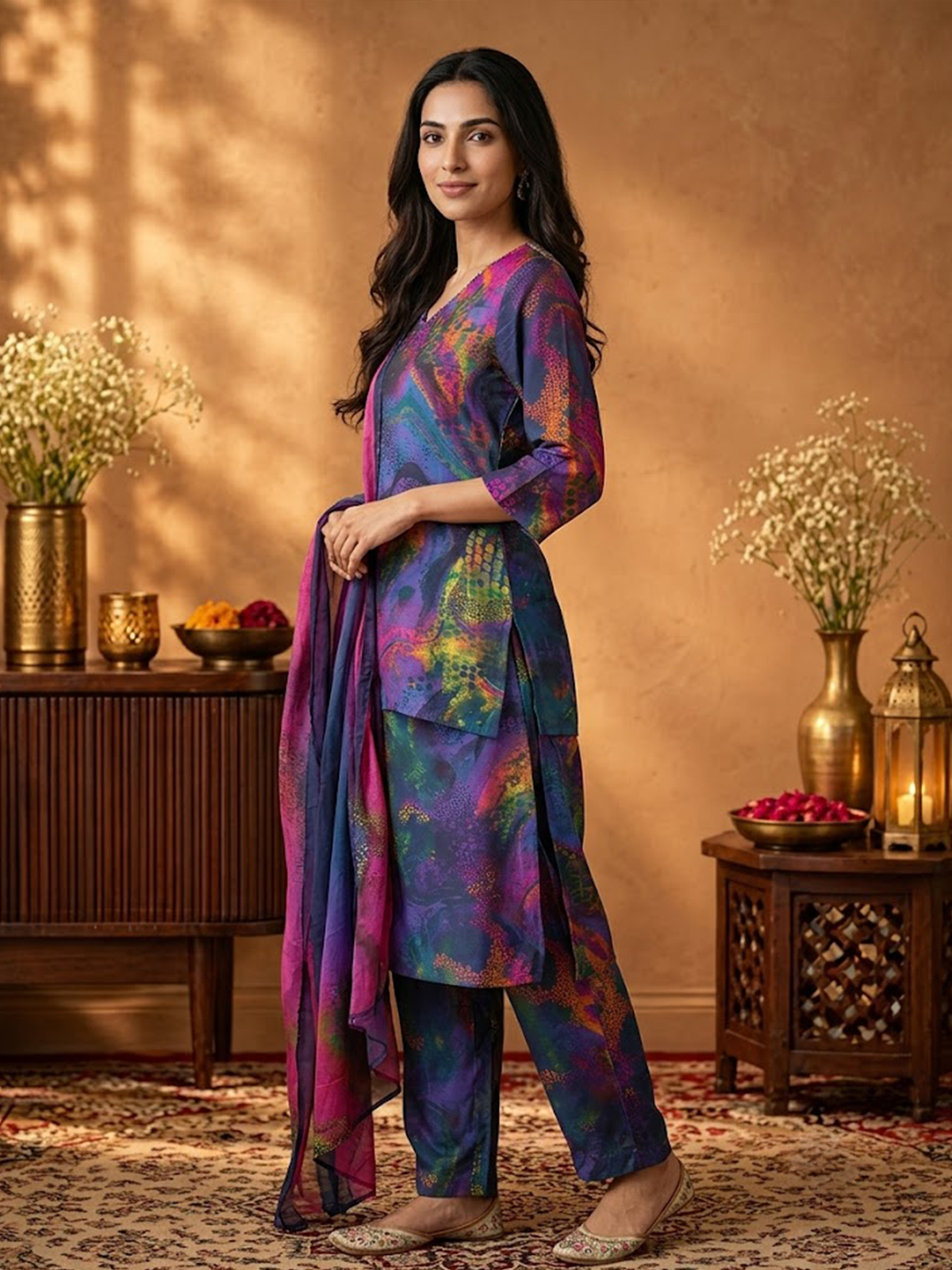 Women Purple Multi Cosmic Kurta Wide Leg Pant Stole