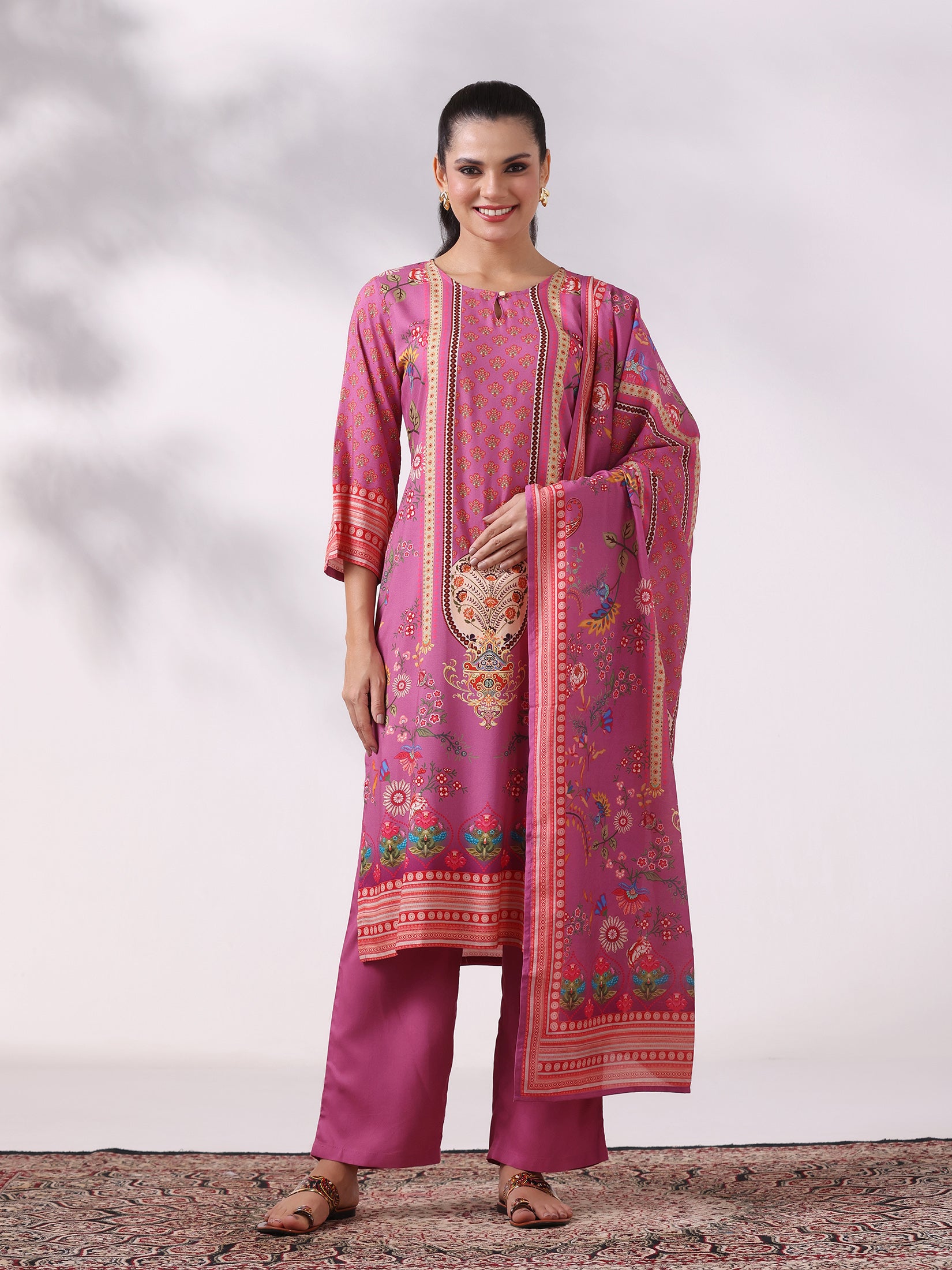 Women Liva Lilac Floral Print Kurta Comfort Pant Dupatta