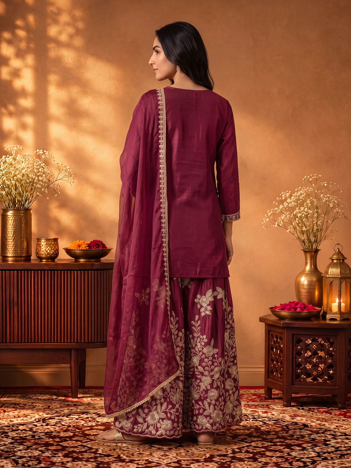 Women Chocolate Brown Adda Work Kurta Split Pant Dupatta