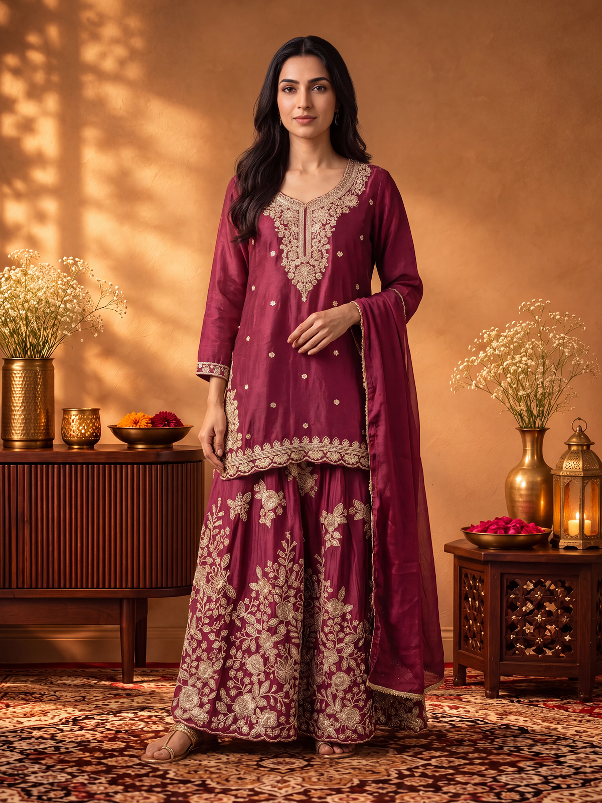 Women Chocolate Brown Adda Work Kurta Split Pant Dupatta